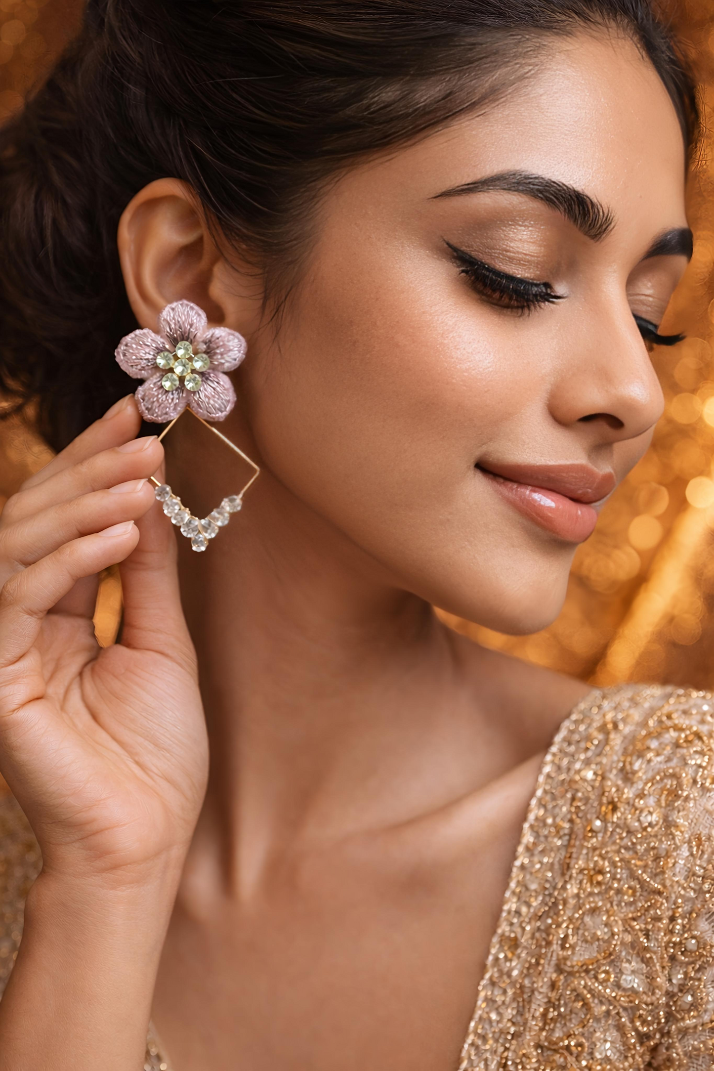 Pink Floral Crystal Geometric Drop Earrings (EAR21)