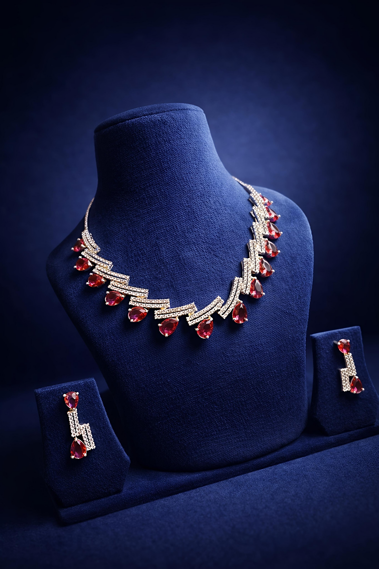 Ruby Red American Diamond Necklace Set with Matching Earrings (MAN21)