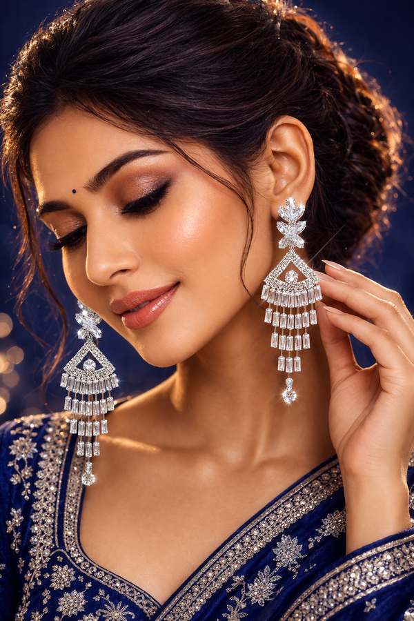 Silver Tone Floral Party Wear Long Dangler Earrings (EAR6)