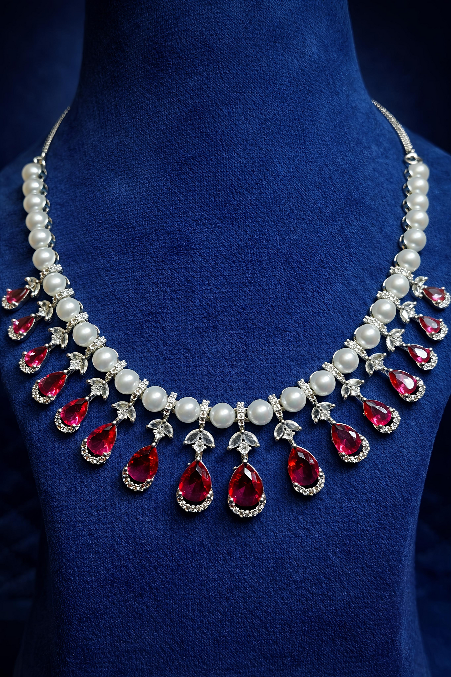 Ruby Red Pearl & American Diamond Necklace Set (MAN05)
