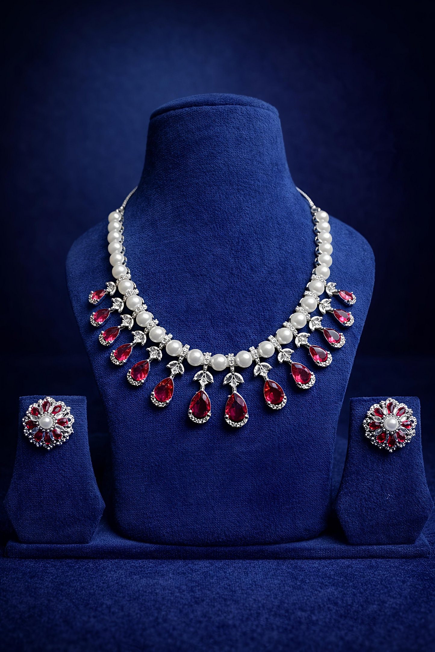 Ruby Red Pearl & American Diamond Necklace Set (MAN05)