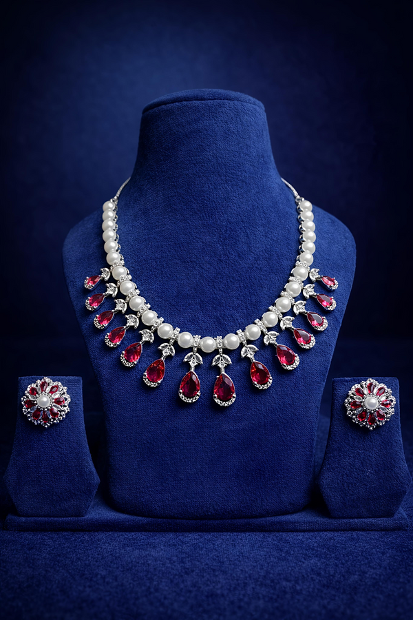 Ruby Red Pearl & American Diamond Necklace Set (MAN05)