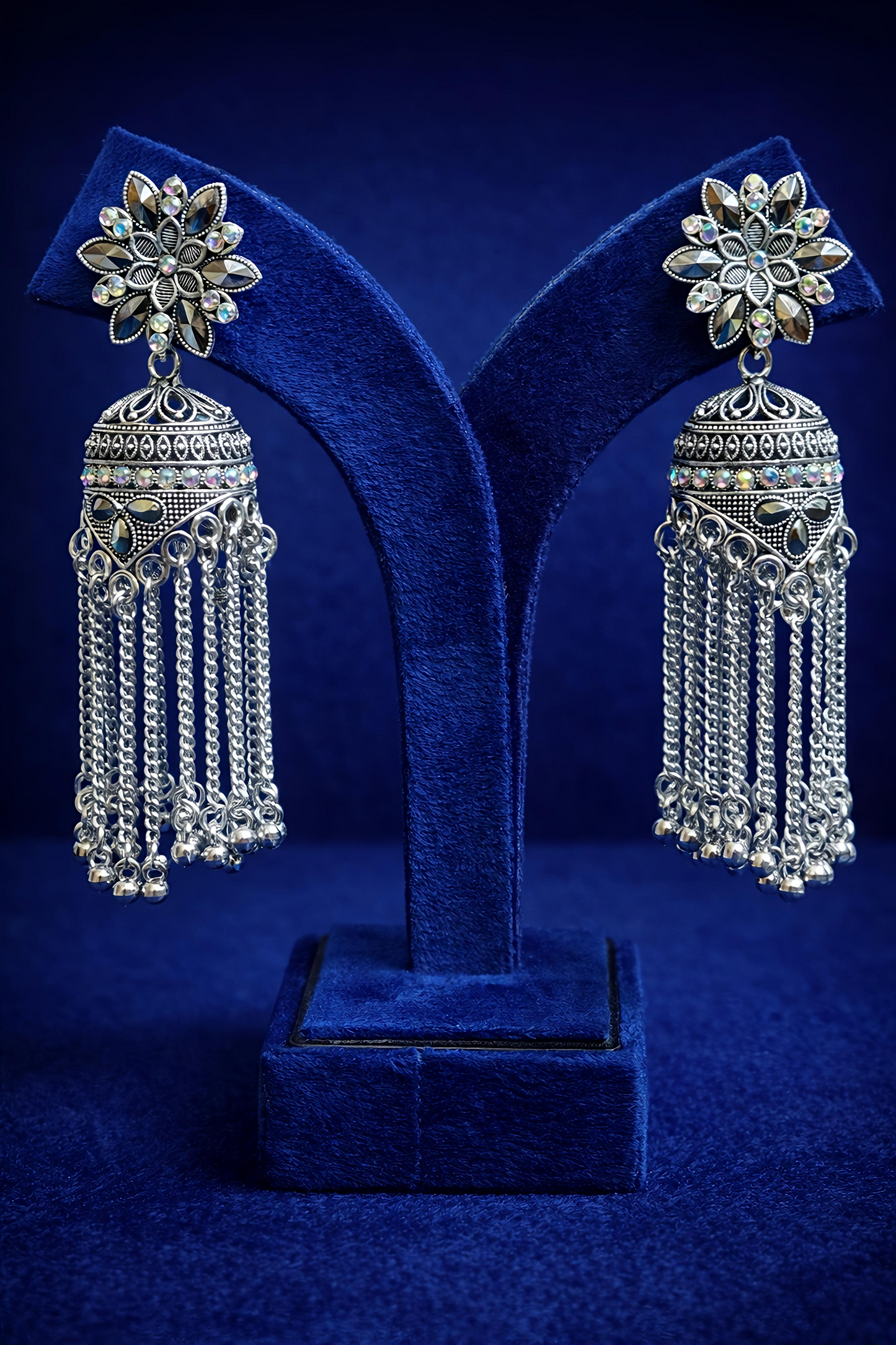 Oxidised Silver Floral Tassel Jhumka Earrings (EAR17)