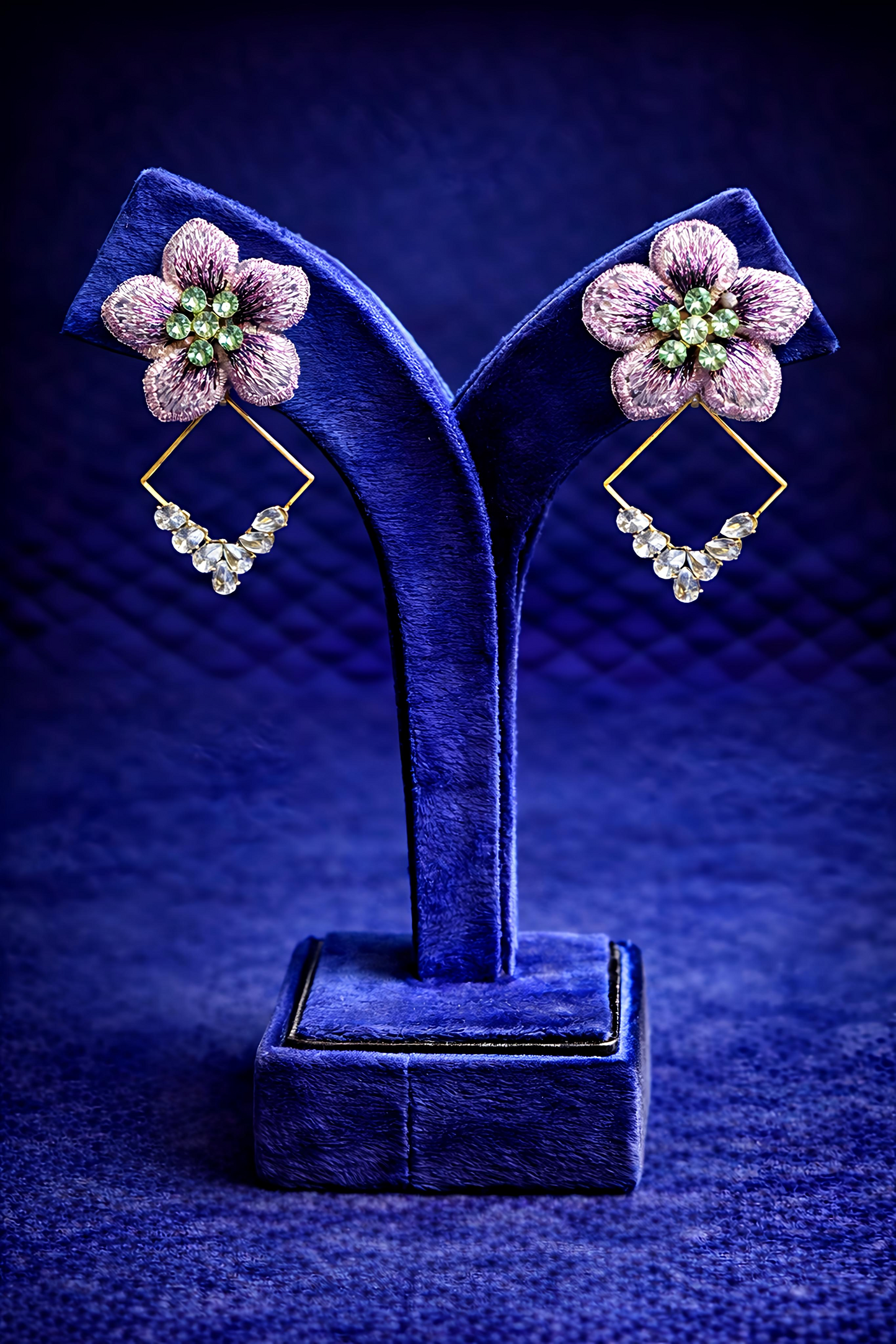 Pink Floral Crystal Geometric Drop Earrings (EAR21)