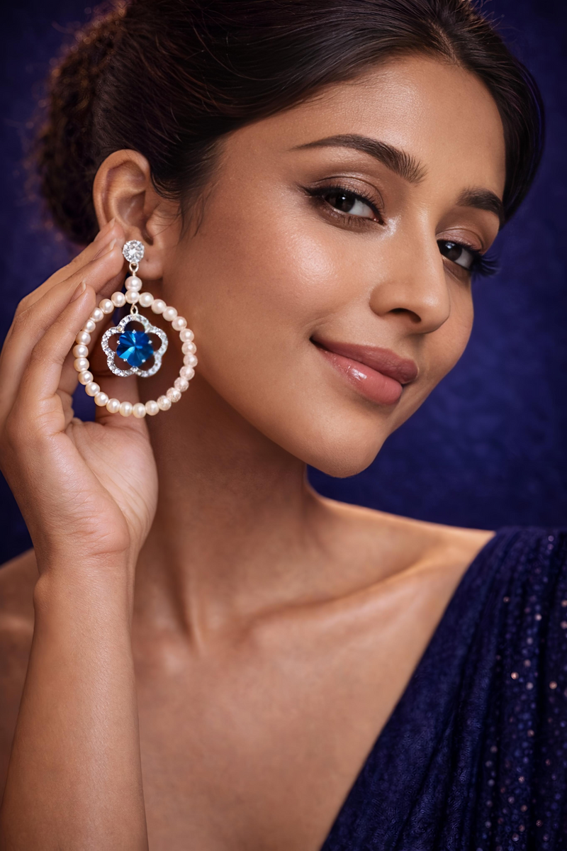 Blue Floral Crystal Silver Tone Party Wear earings (EAR9)
