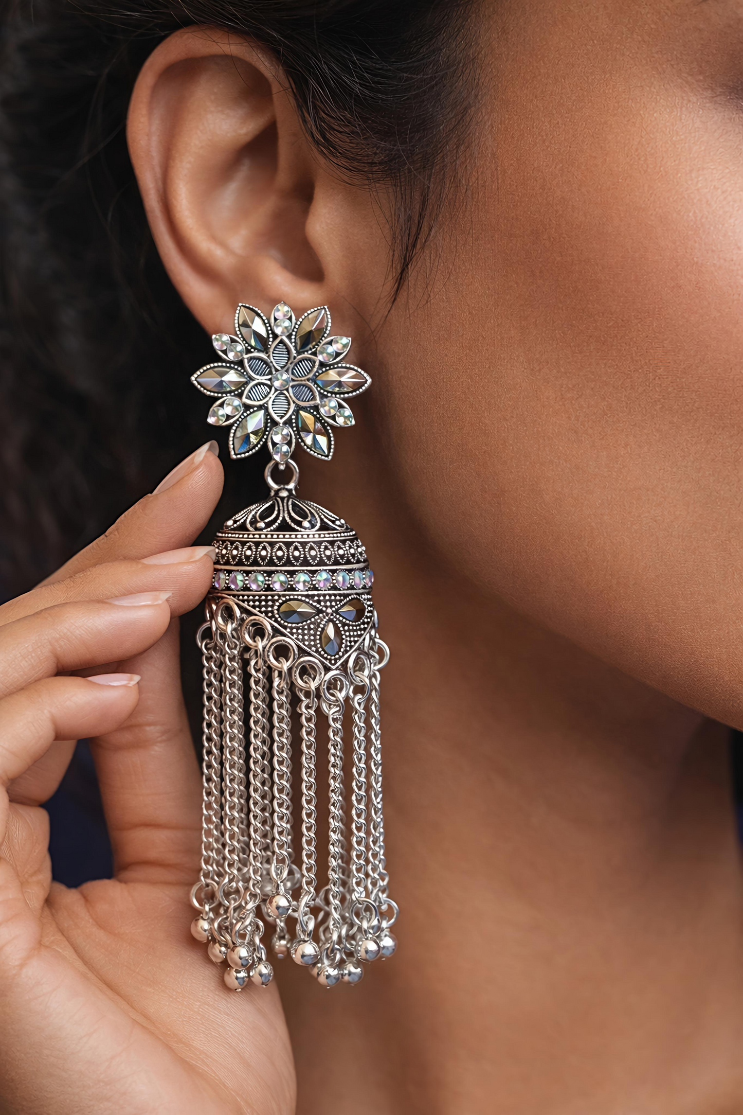 Oxidised Silver Floral Tassel Jhumka Earrings (EAR17)