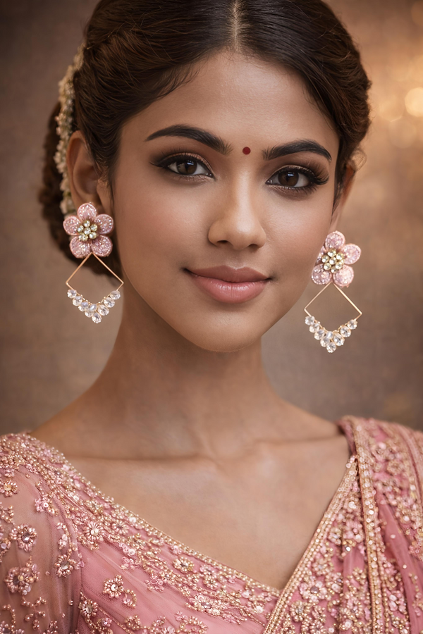 Pink Floral Crystal Geometric Drop Earrings (EAR21)