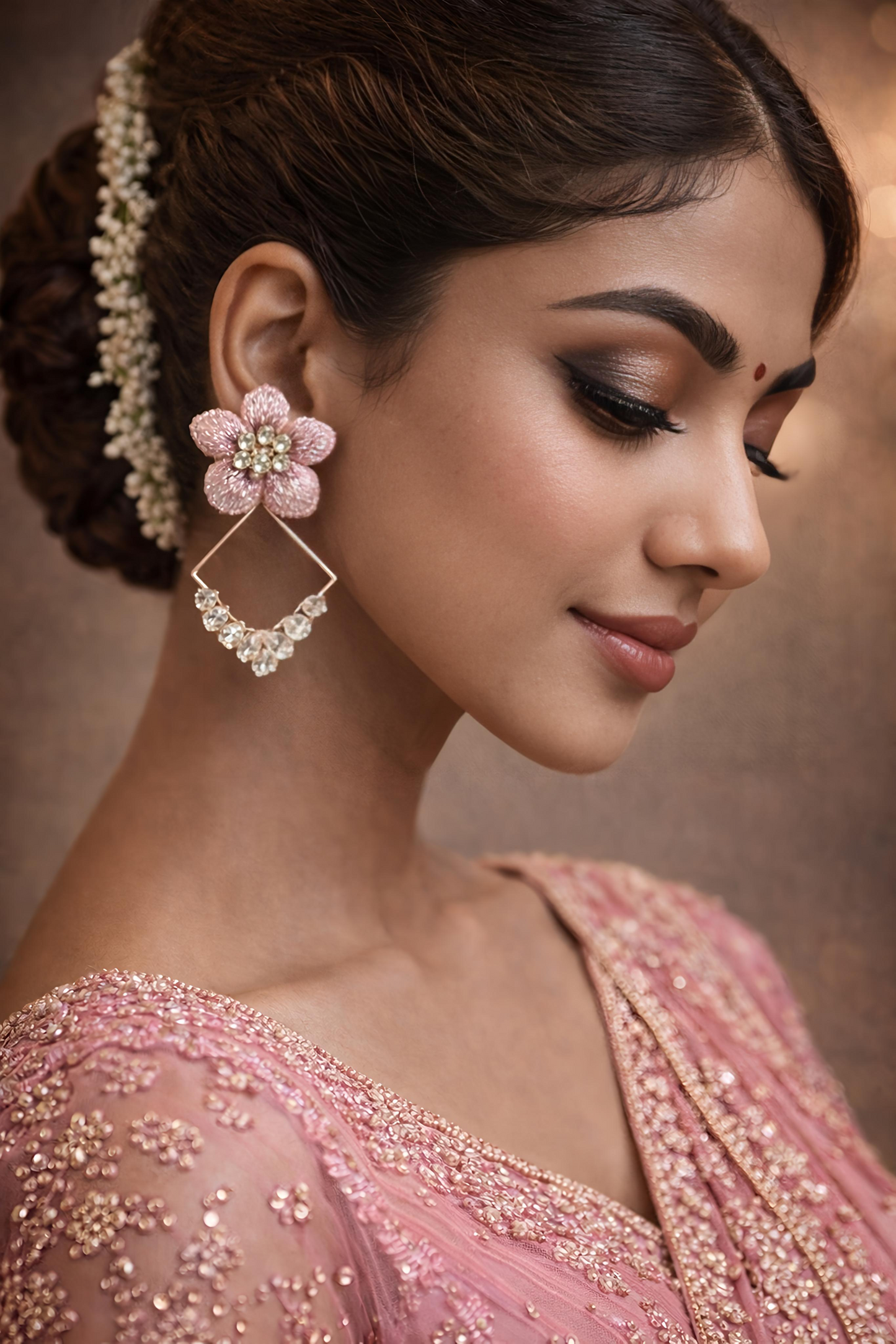 Pink Floral Crystal Geometric Drop Earrings (EAR21)