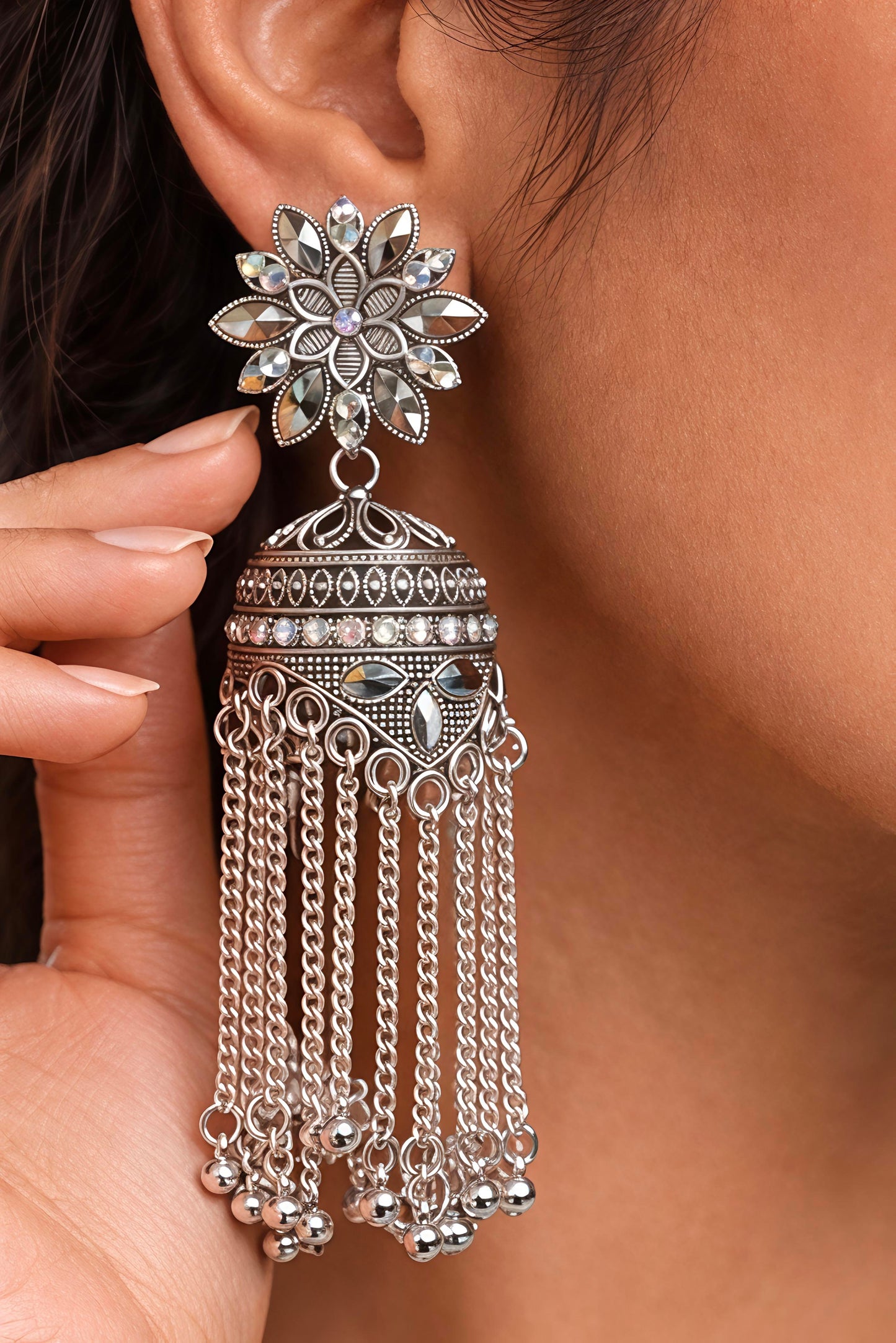 Oxidised Silver Floral Tassel Jhumka Earrings (EAR17)
