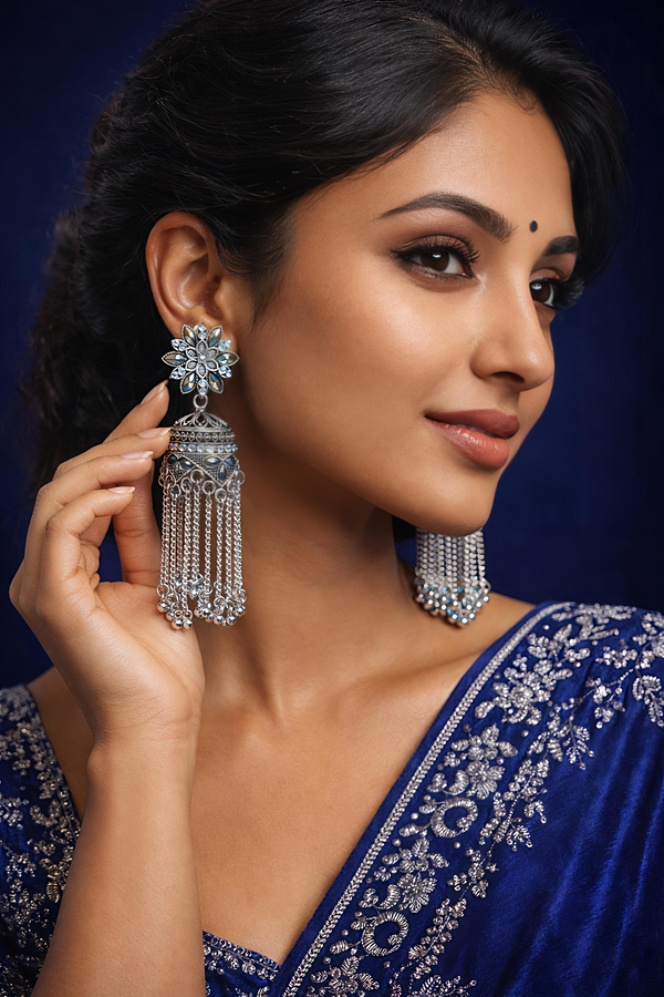 Oxidised Silver Floral Tassel Jhumka Earrings (EAR17)