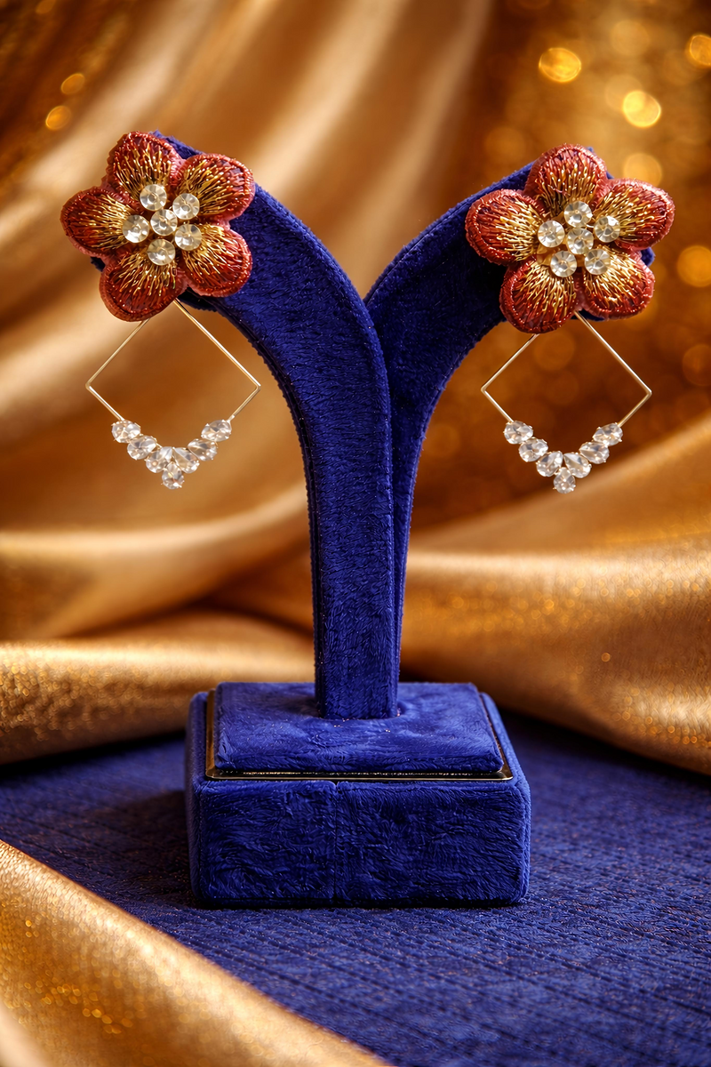 Red Floral Crystal Geometric Drop Earrings (EAR23)