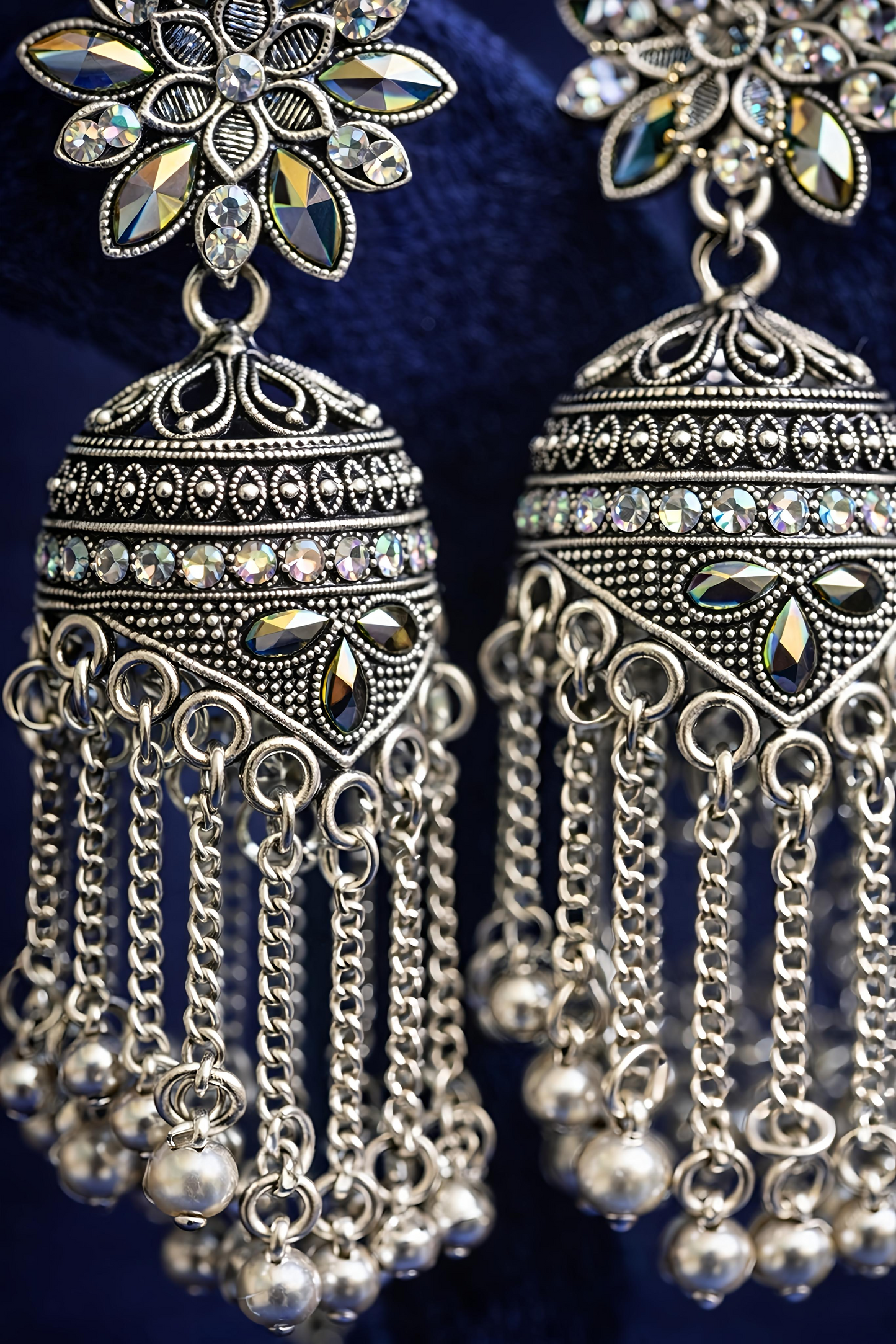 Oxidised Silver Floral Tassel Jhumka Earrings (EAR17)