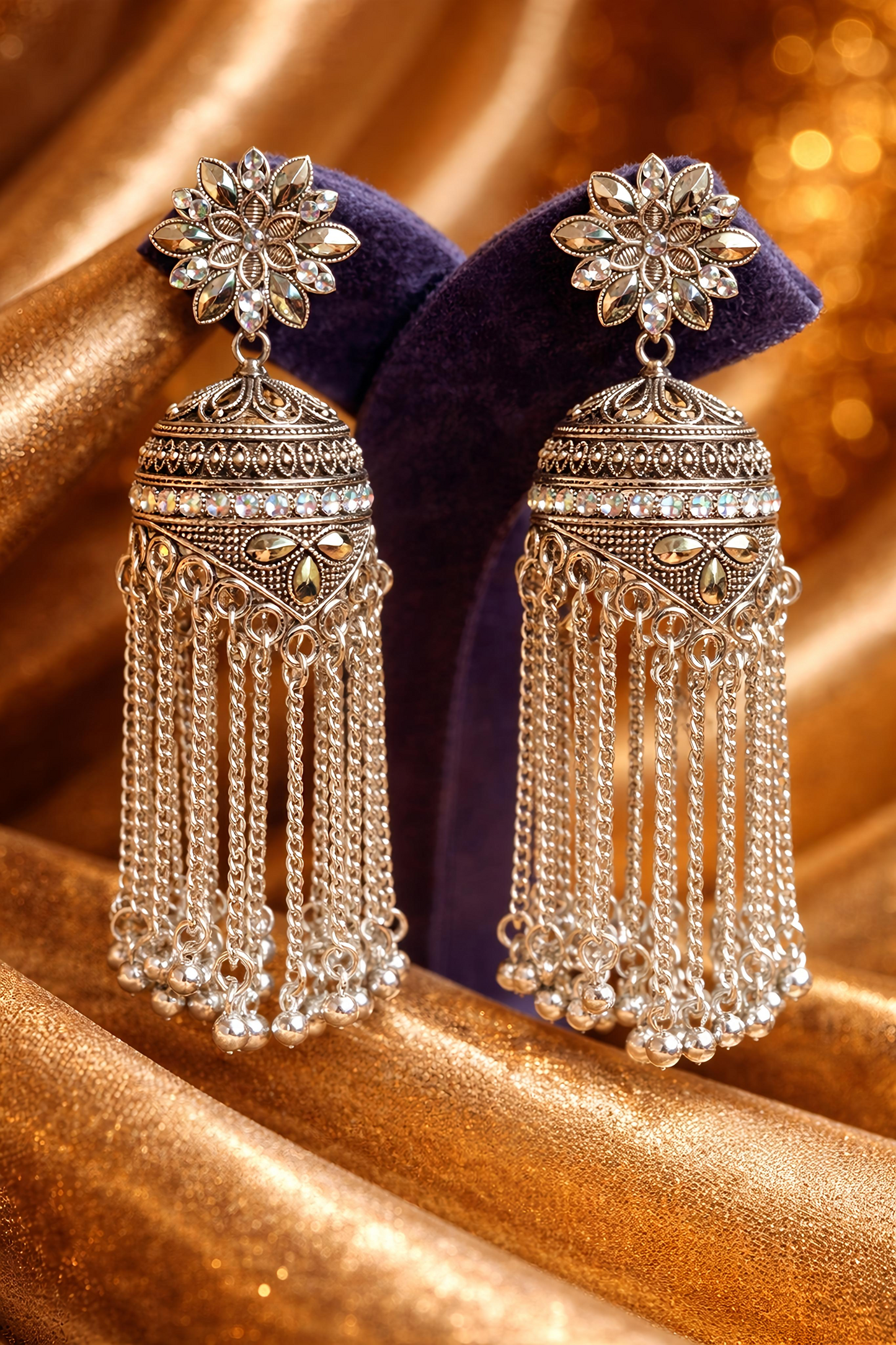 Oxidised Silver Floral Tassel Jhumka Earrings (EAR17)