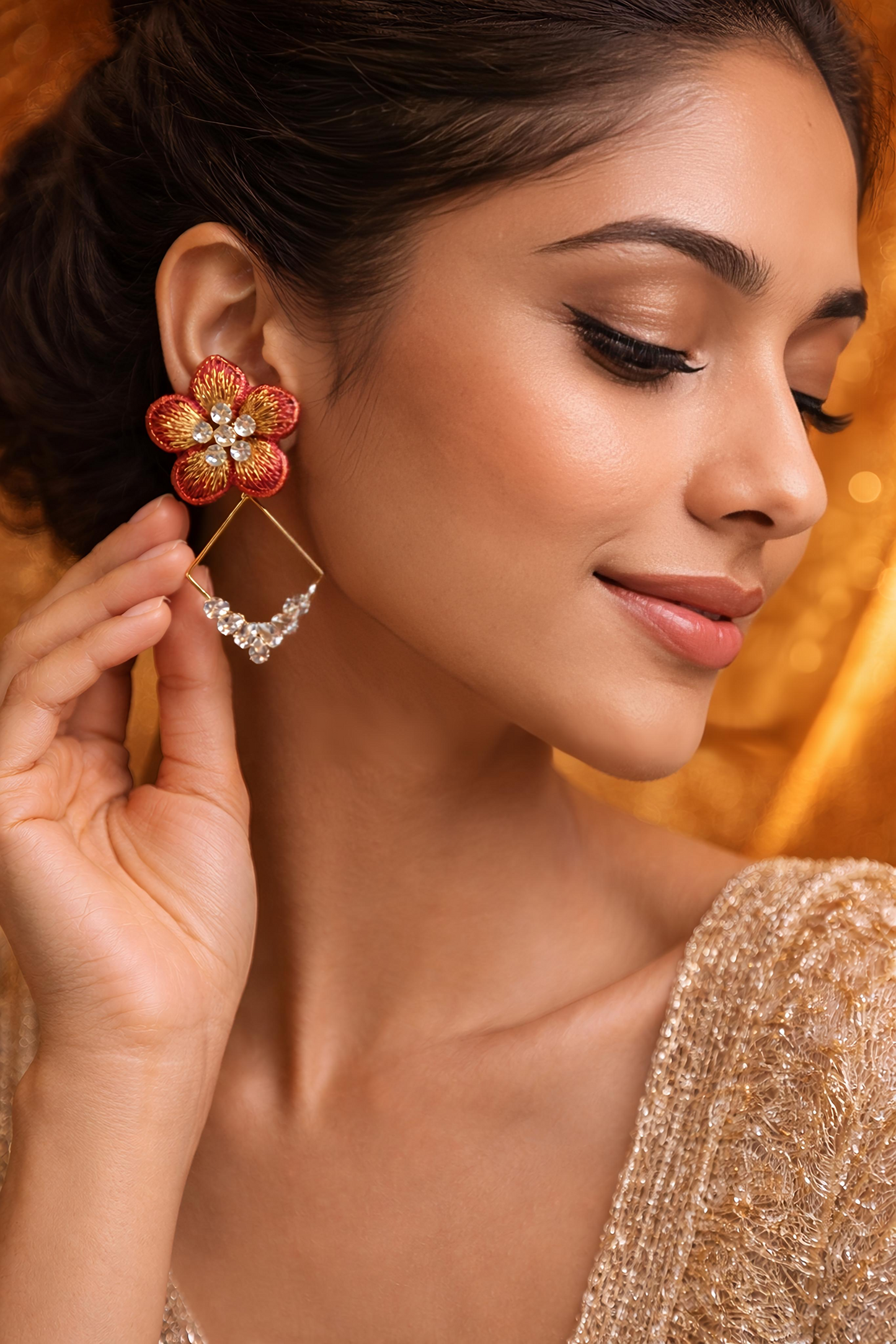 Red Gold Statement Party Wear Earrings (EAR16)