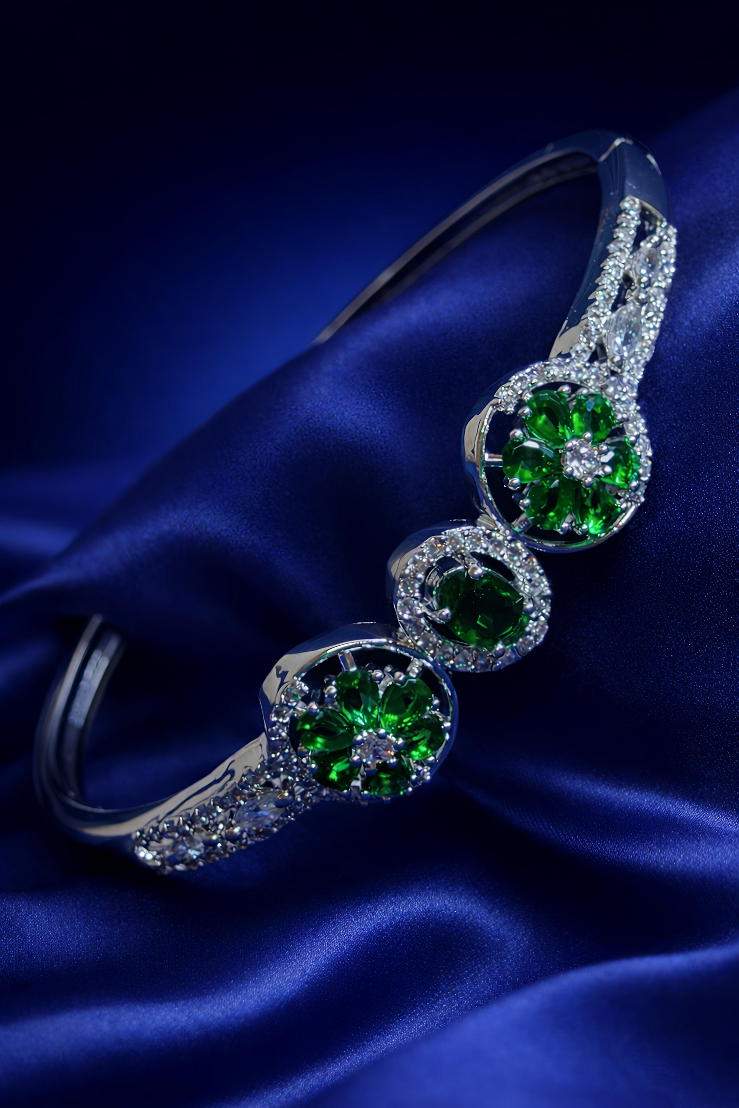 Elegant Green Floral Stone Open Cuff Bracelet (BAR7)