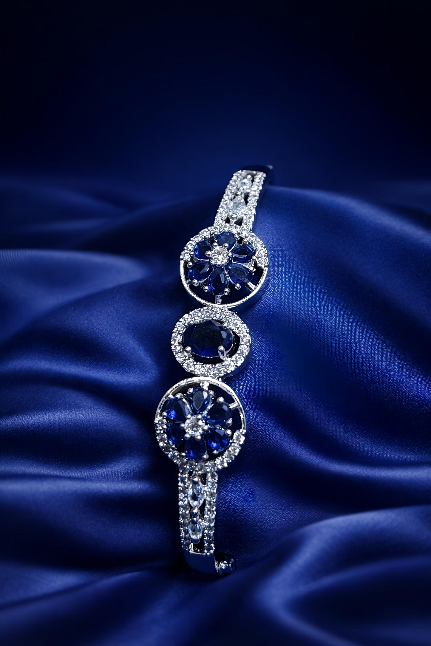 Royal Blue Floral Stone Open Cuff Bracelet for Women (BAR8)