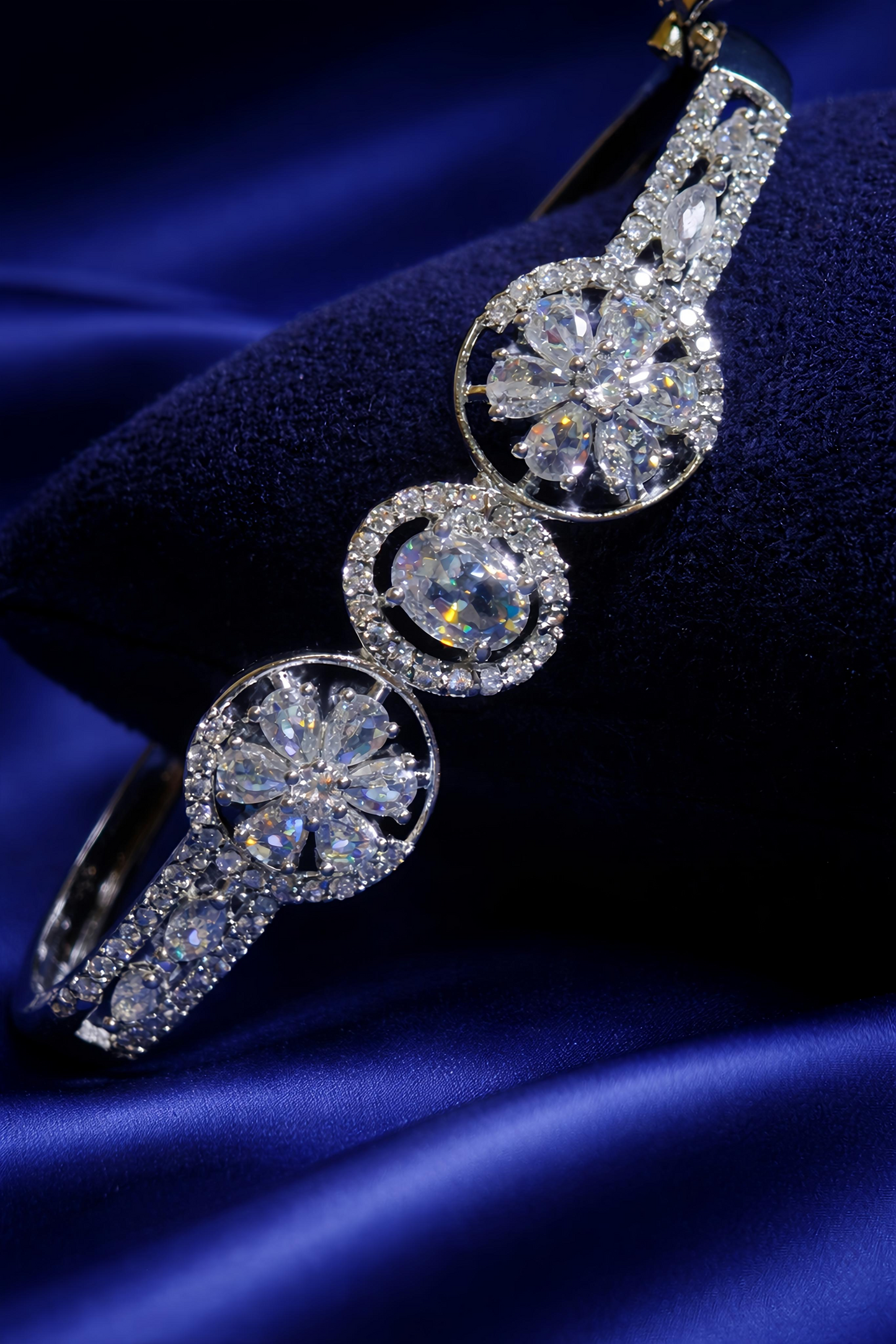 Elegant White Crystal Floral Open Cuff Bracelet for Women (BAR9)