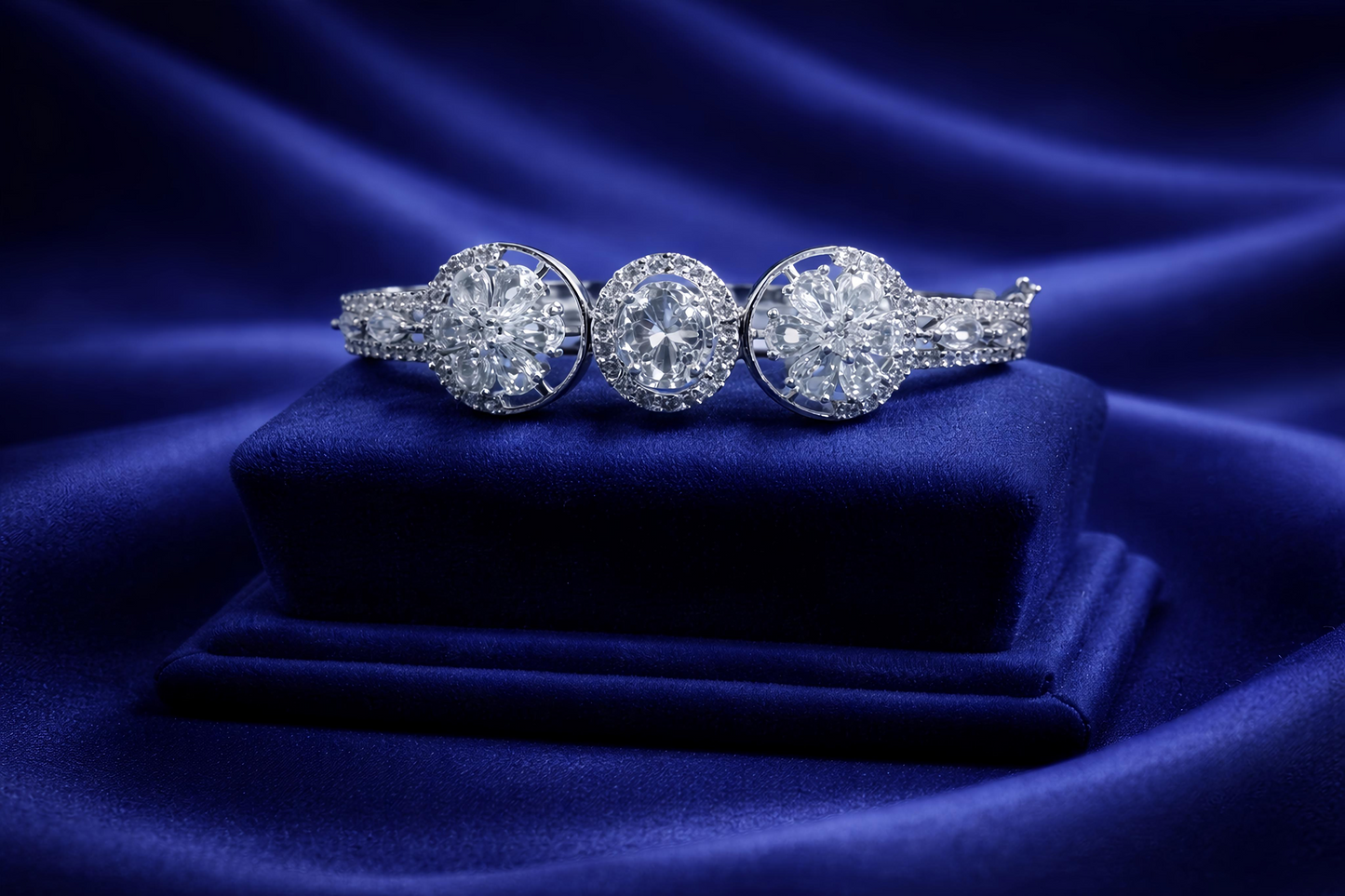 Elegant White Crystal Floral Open Cuff Bracelet for Women (BAR9)
