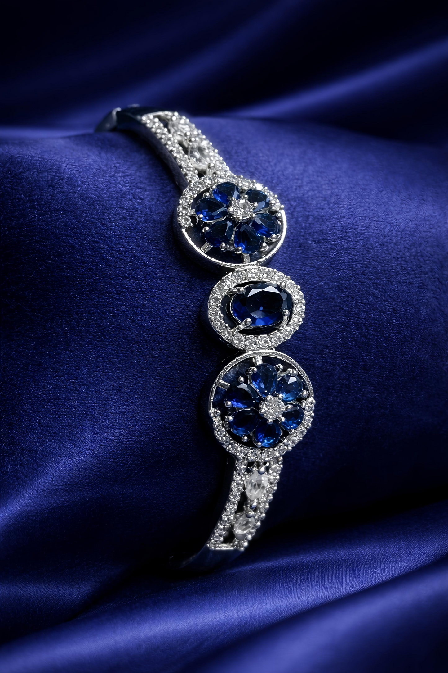 Royal Blue Floral Stone Open Cuff Bracelet for Women (BAR8)