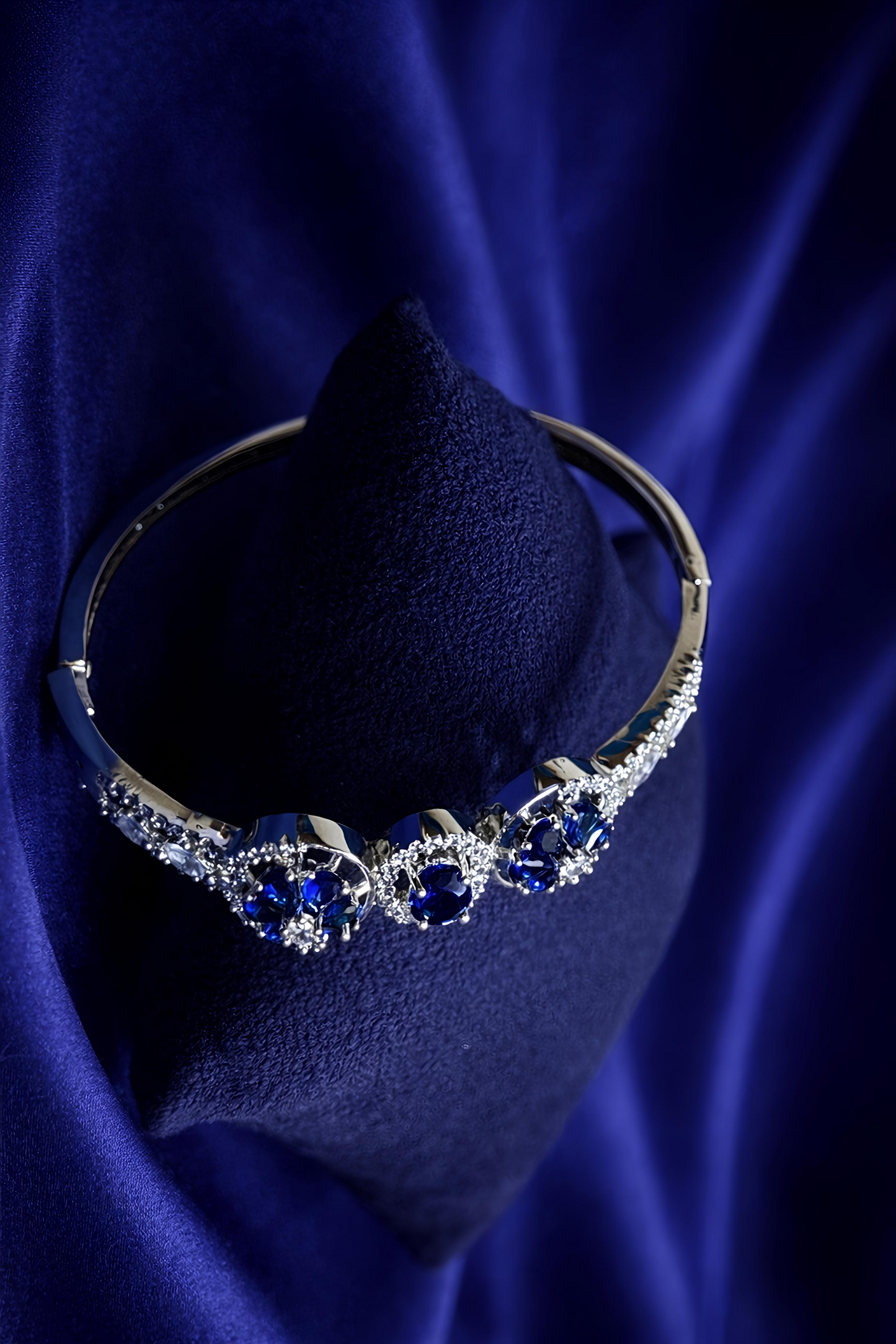 Royal Blue Floral Stone Open Cuff Bracelet for Women (BAR8)
