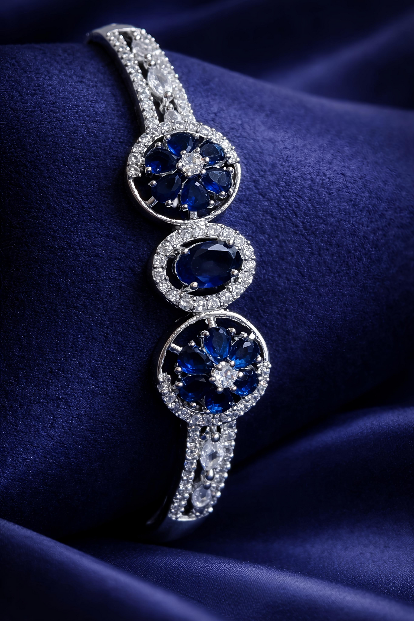 Royal Blue Floral Stone Open Cuff Bracelet for Women (BAR8)
