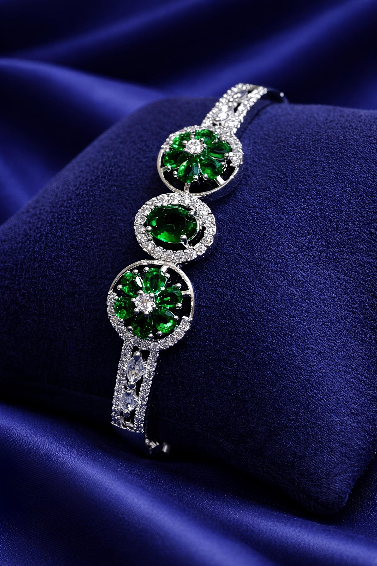 Elegant Green Floral Stone Open Cuff Bracelet (BAR7)