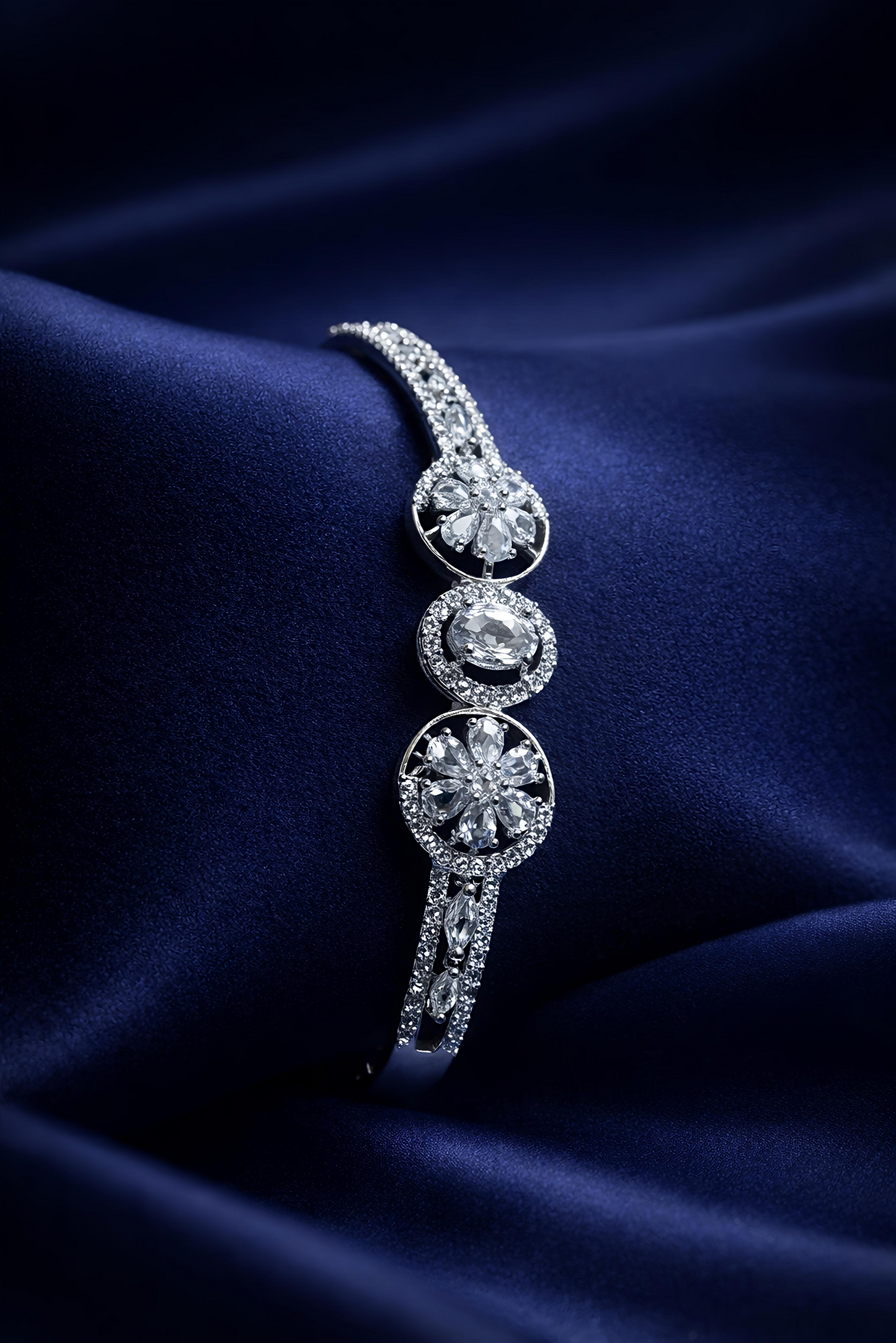 Elegant White Crystal Floral Open Cuff Bracelet for Women (BAR9)