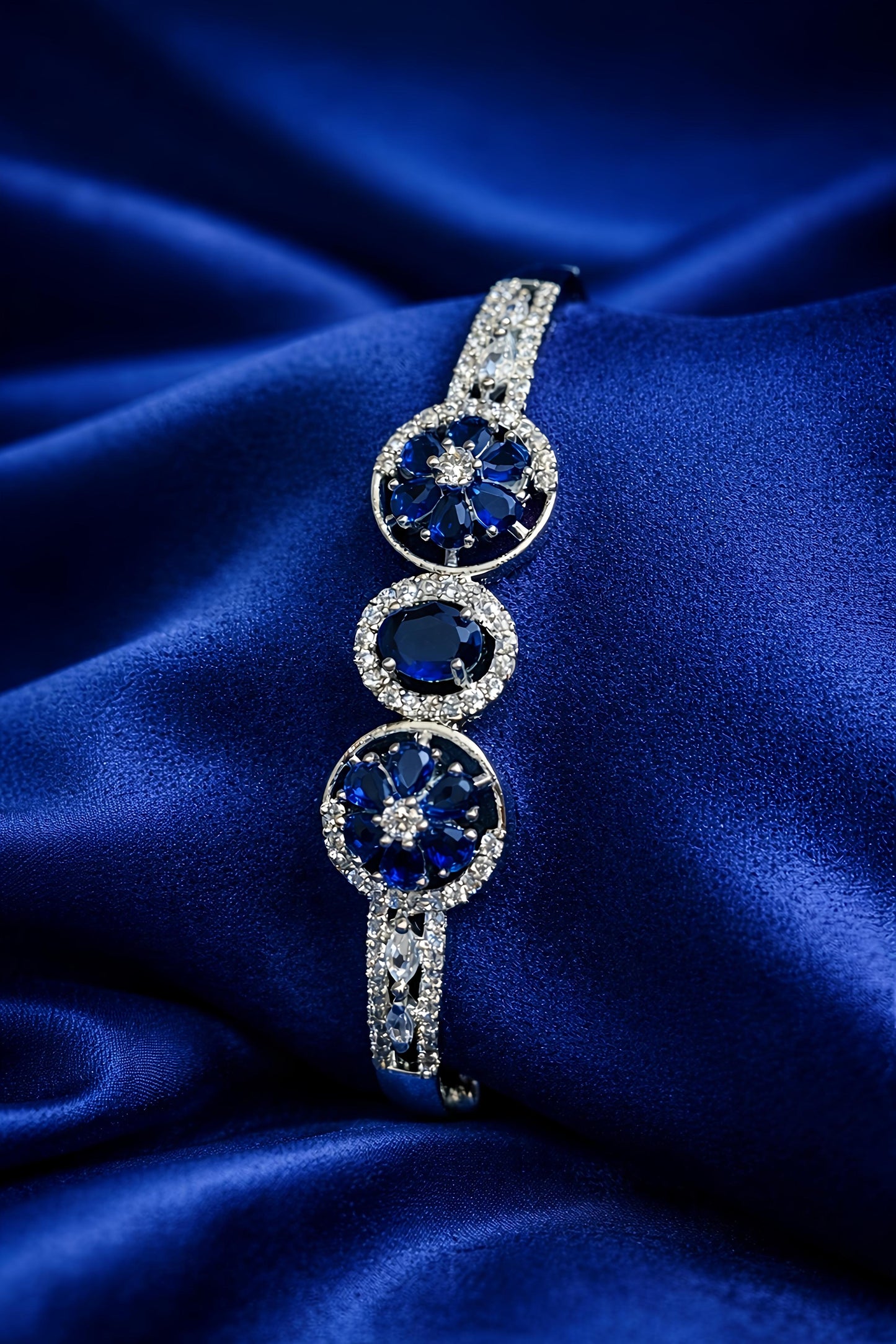 Royal Blue Floral Stone Open Cuff Bracelet for Women (BAR8)