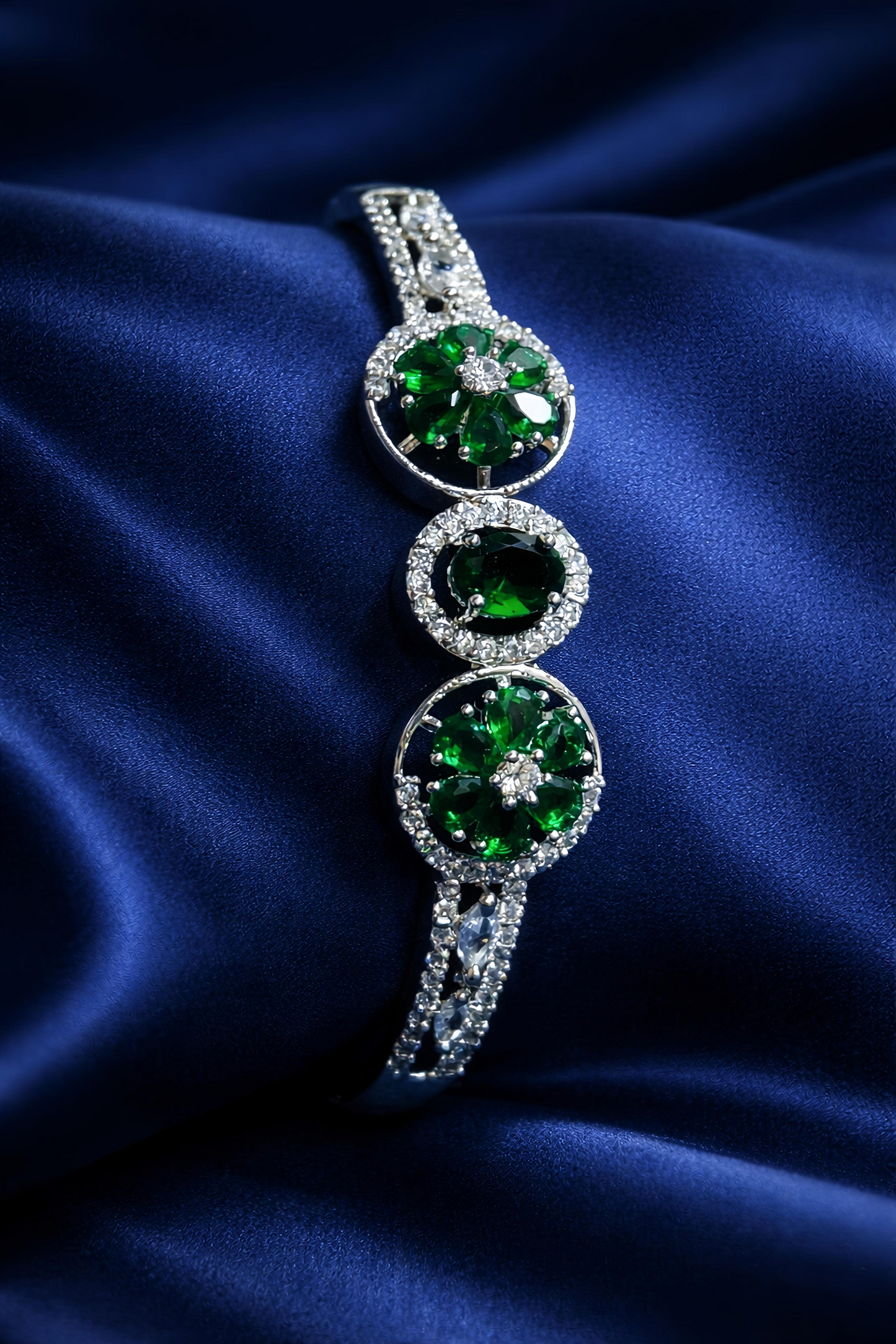 Elegant Green Floral Stone Open Cuff Bracelet (BAR7)