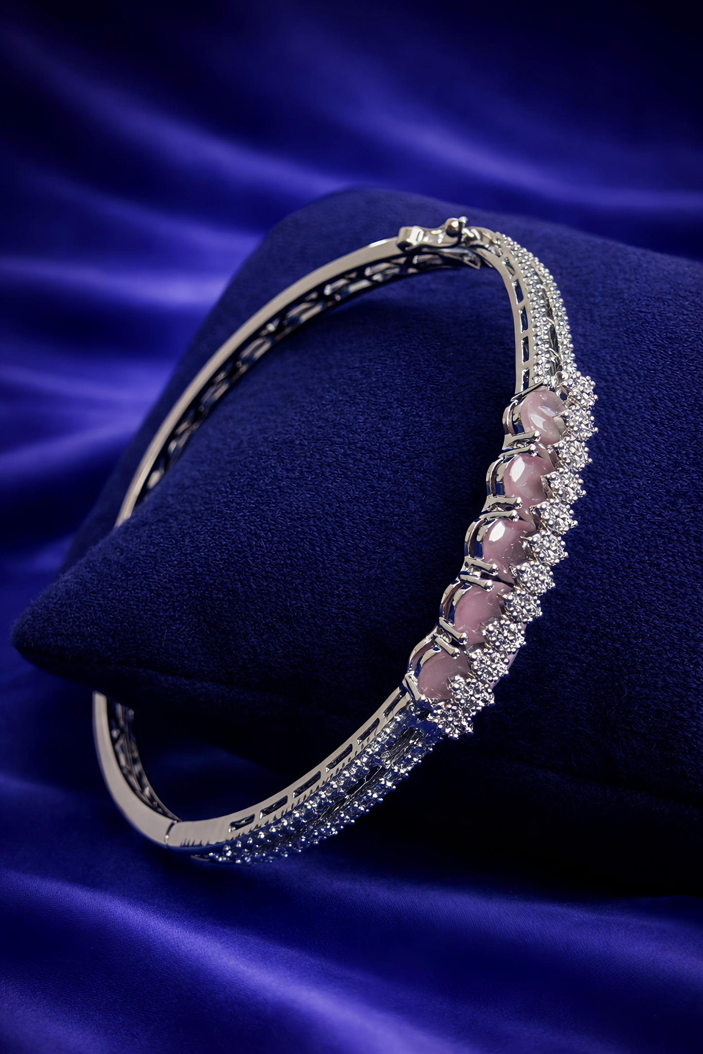 Blush Pink Stone Diamond-Style Silver Bracelet (BAR5)