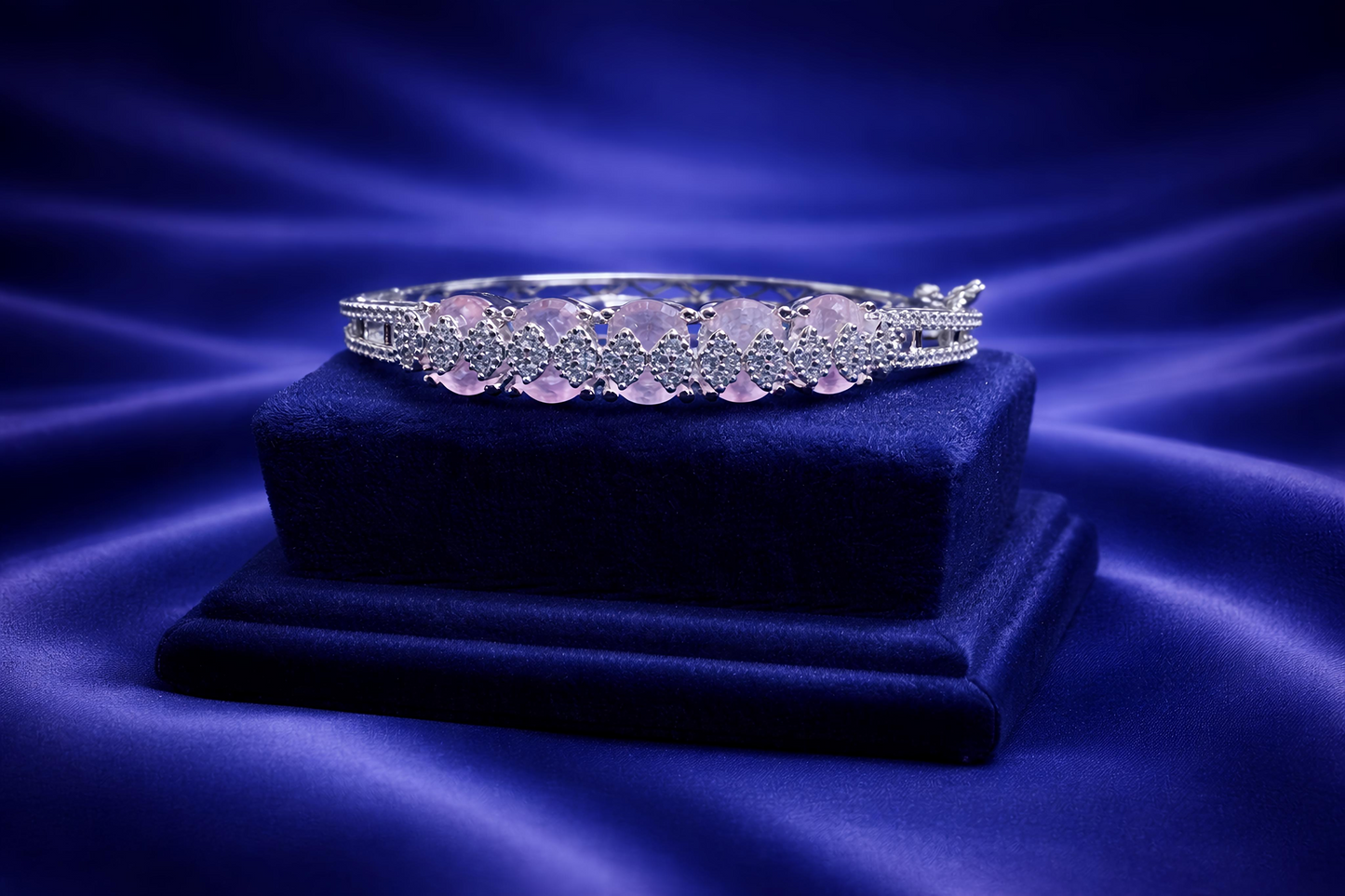 Blush Pink Stone Diamond-Style Silver Bracelet (BAR5)