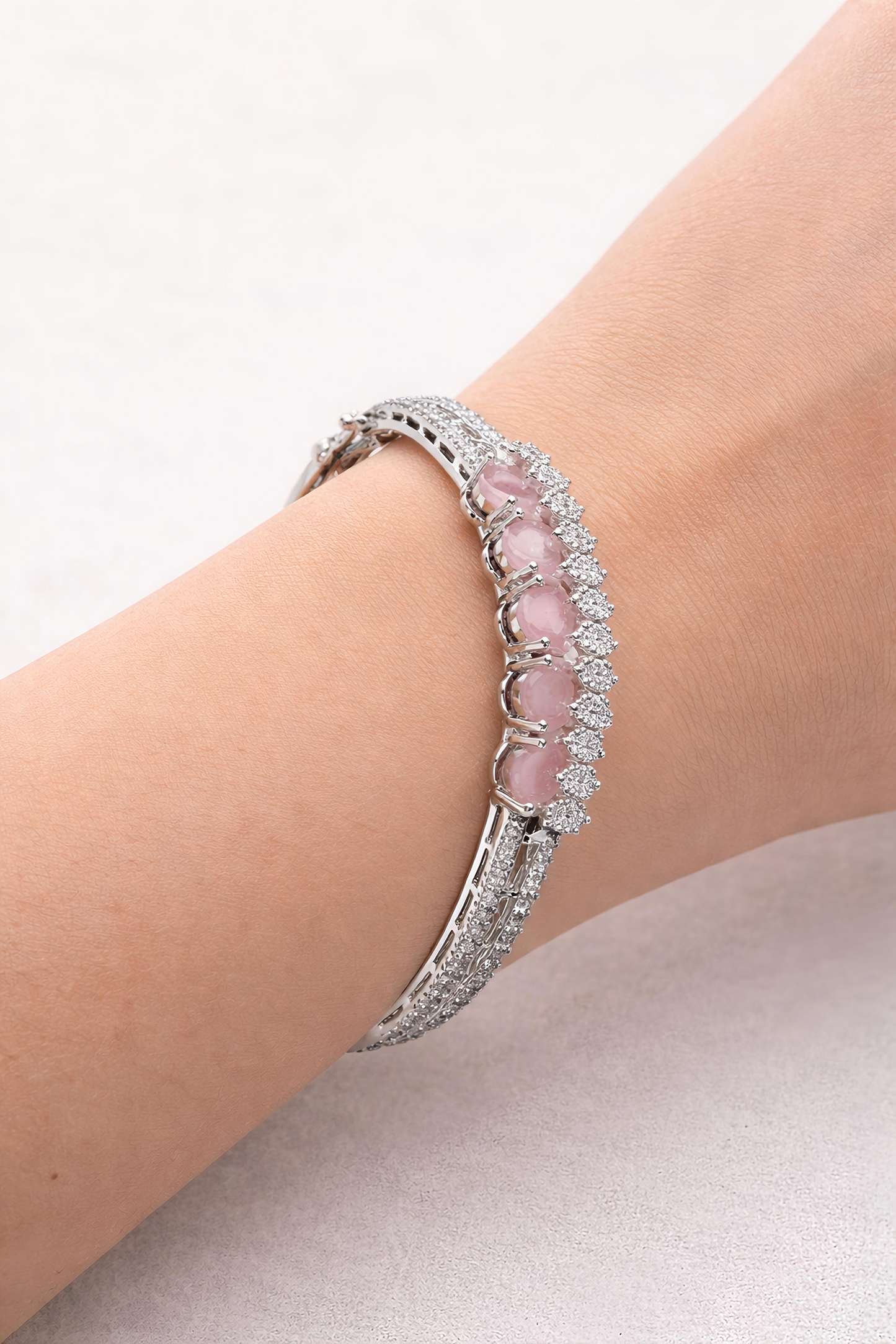 Blush Pink Stone Diamond-Style Silver Bracelet (BAR5)