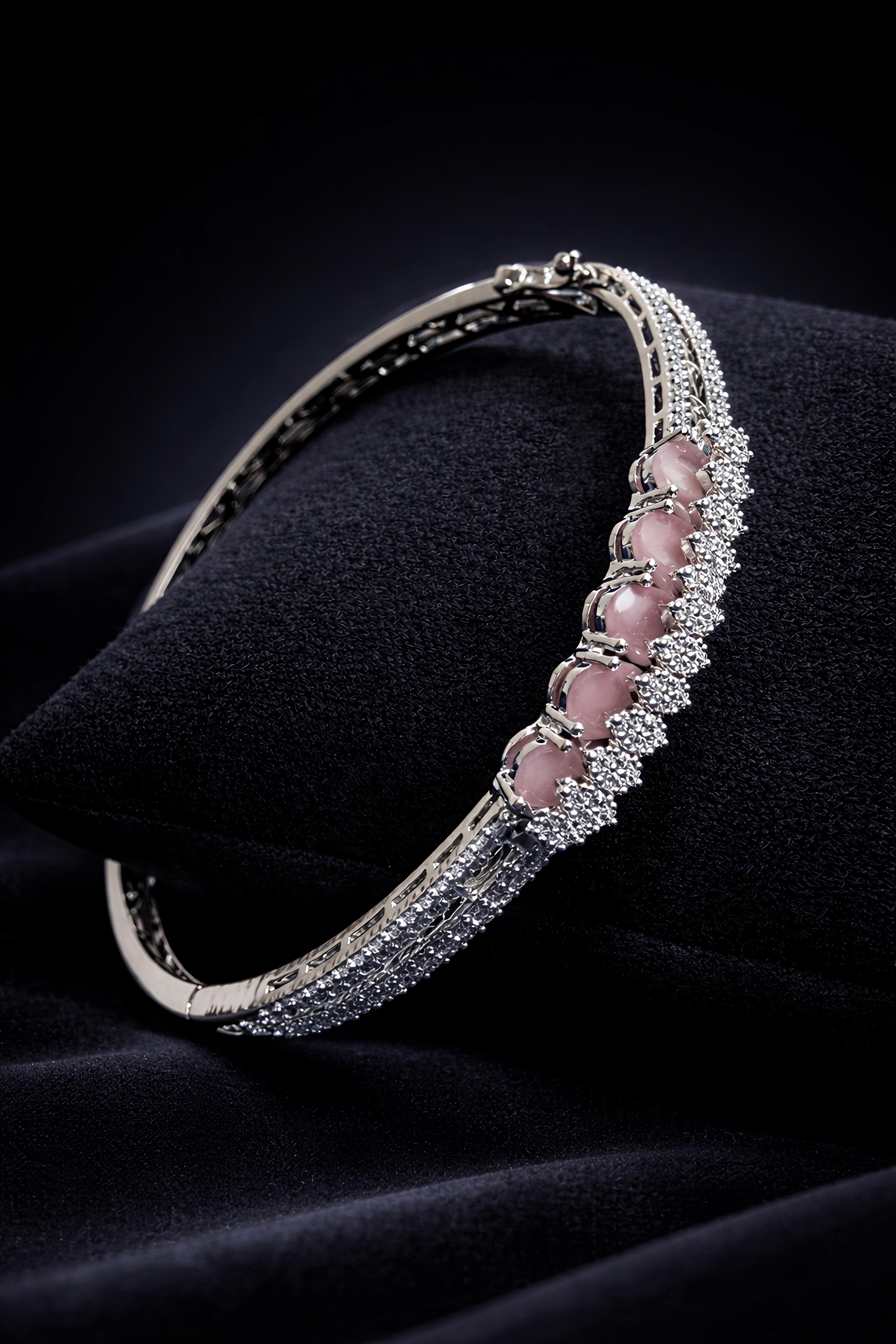 Blush Pink Stone Diamond-Style Silver Bracelet (BAR5)