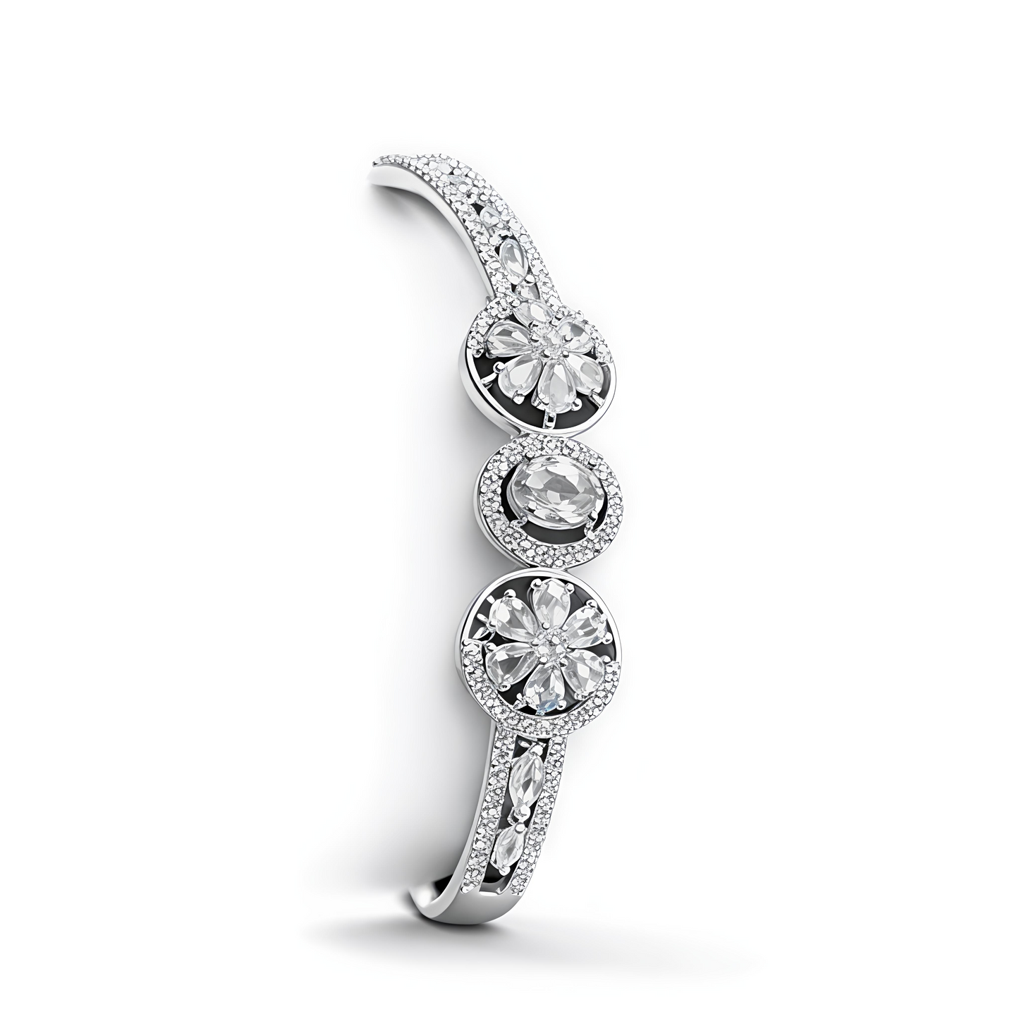 Elegant White Crystal Floral Open Cuff Bracelet for Women (BAR9)