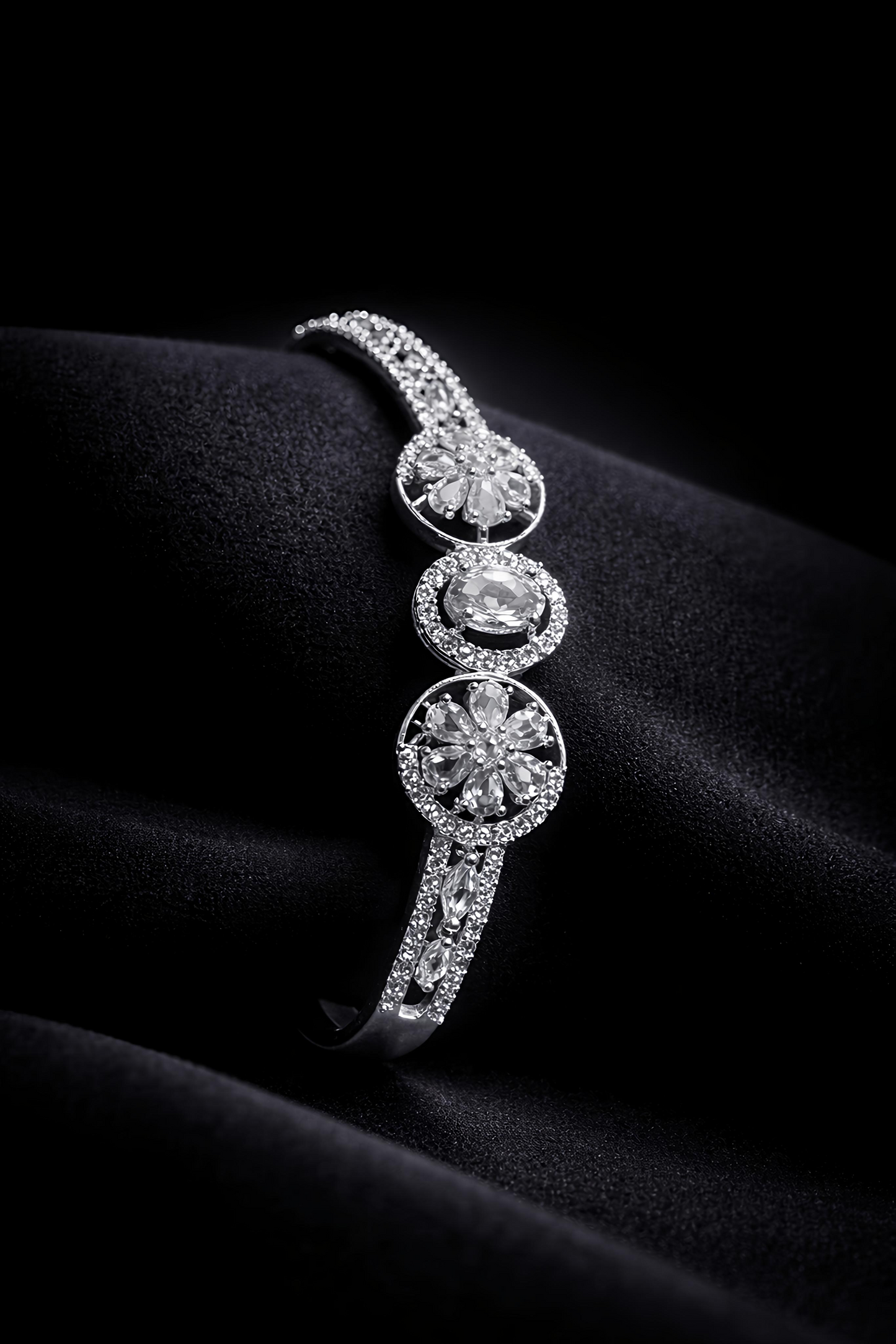 Elegant White Crystal Floral Open Cuff Bracelet for Women (BAR9)