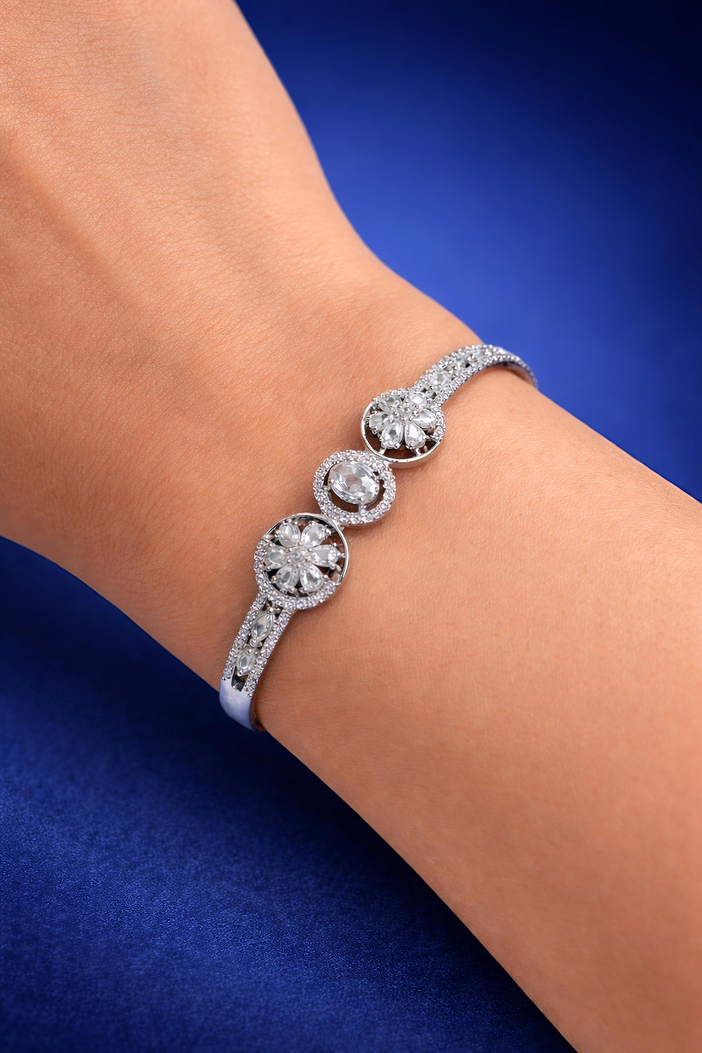 Elegant White Crystal Floral Open Cuff Bracelet for Women (BAR9)