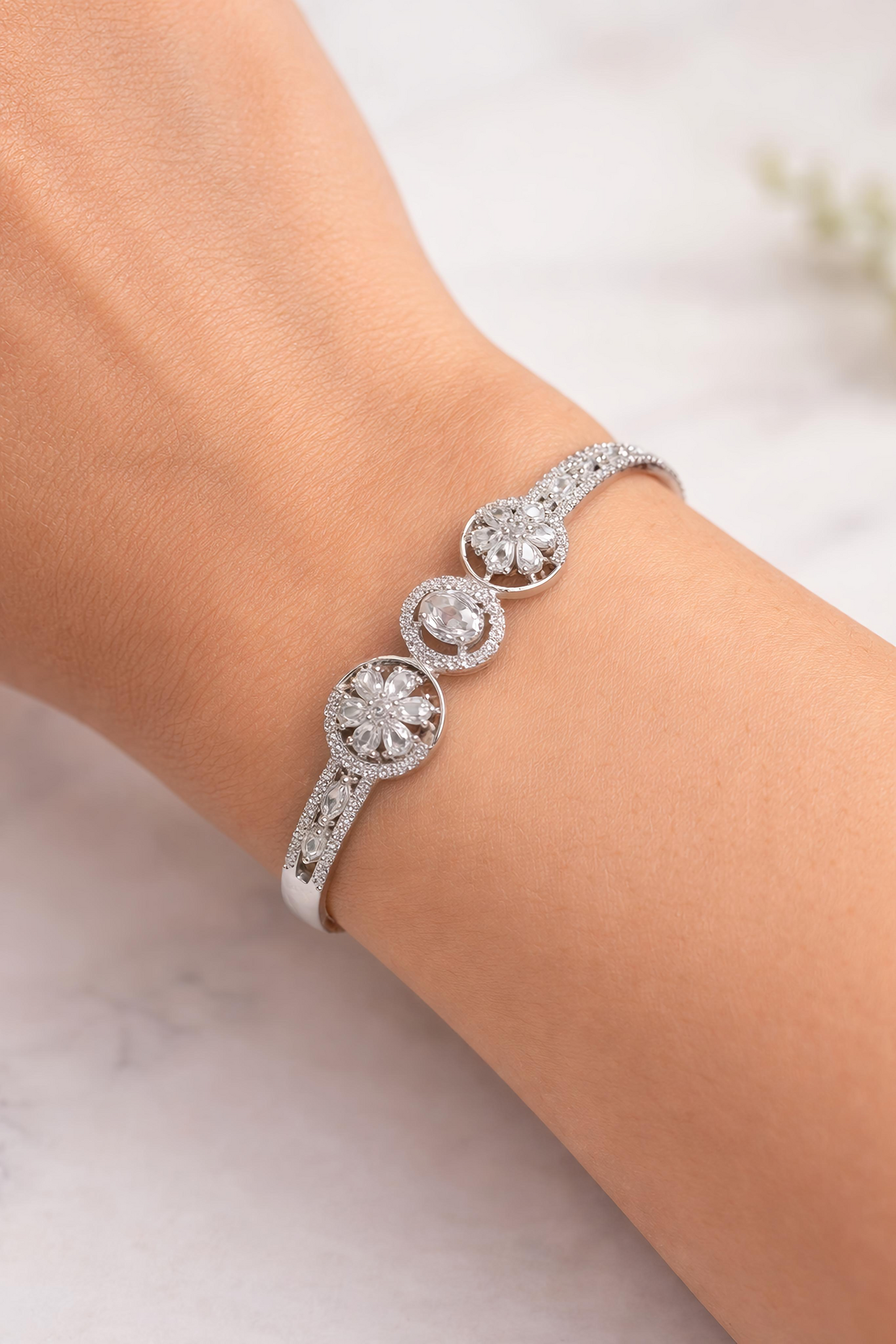 Elegant White Crystal Floral Open Cuff Bracelet for Women (BAR9)