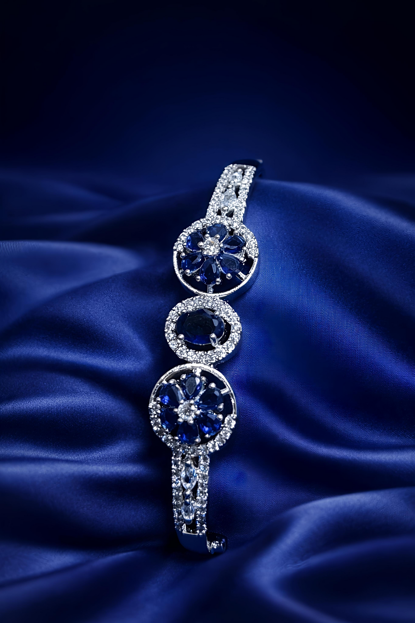 Royal Blue Floral Stone Open Cuff Bracelet for Women (BAR8)