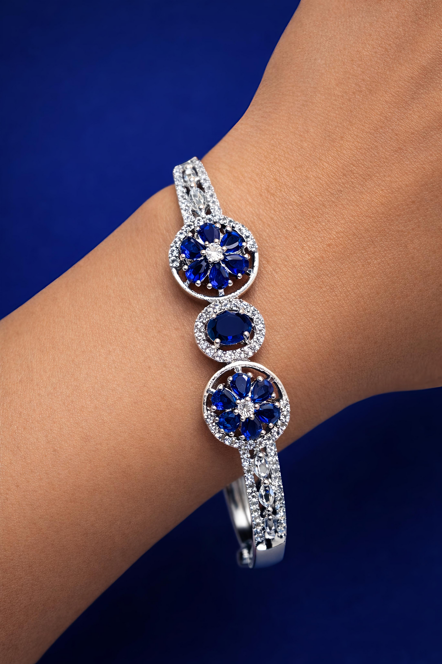 Royal Blue Floral Stone Open Cuff Bracelet for Women (BAR8)