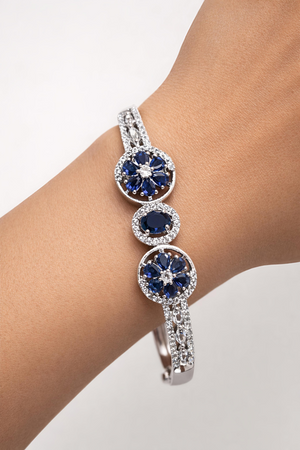 Royal Blue Floral Stone Open Cuff Bracelet for Women (BAR8)