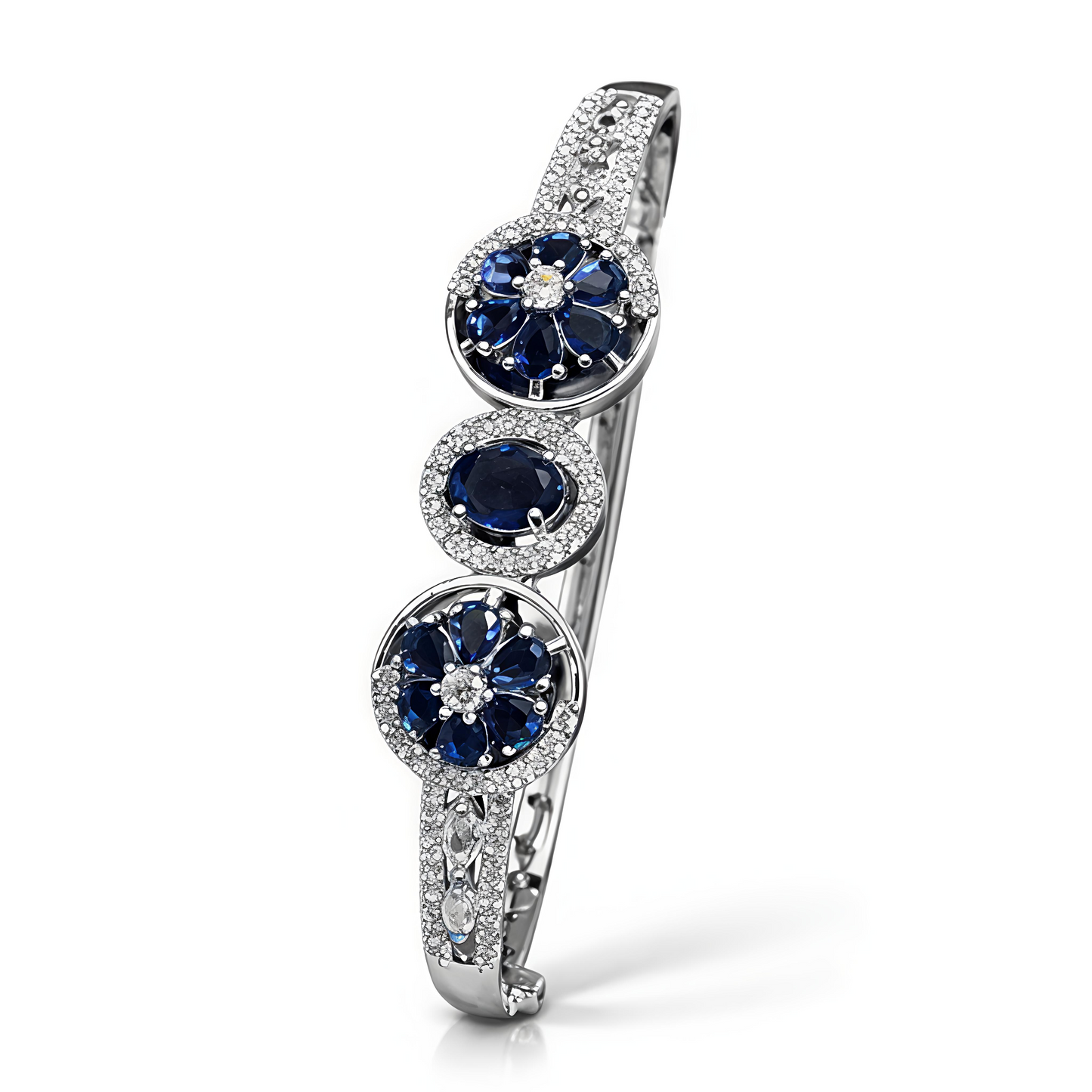 Royal Blue Floral Stone Open Cuff Bracelet for Women (BAR8)
