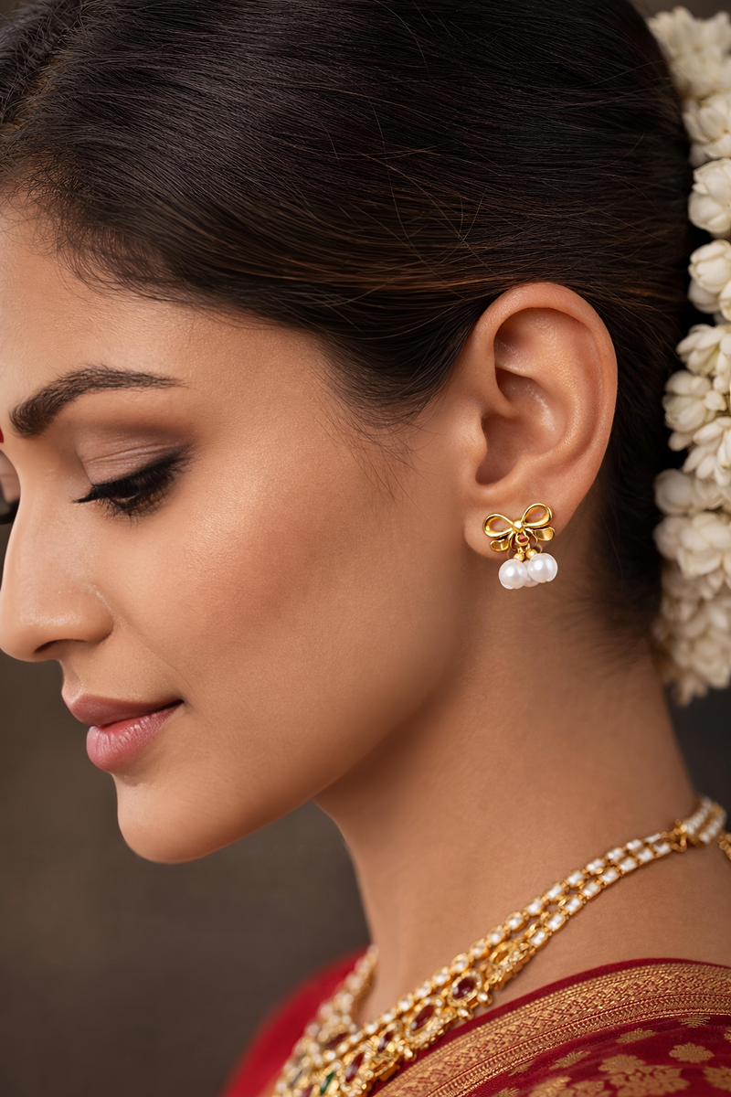 Gold Bow Pearl Stud Earrings (EAR25)