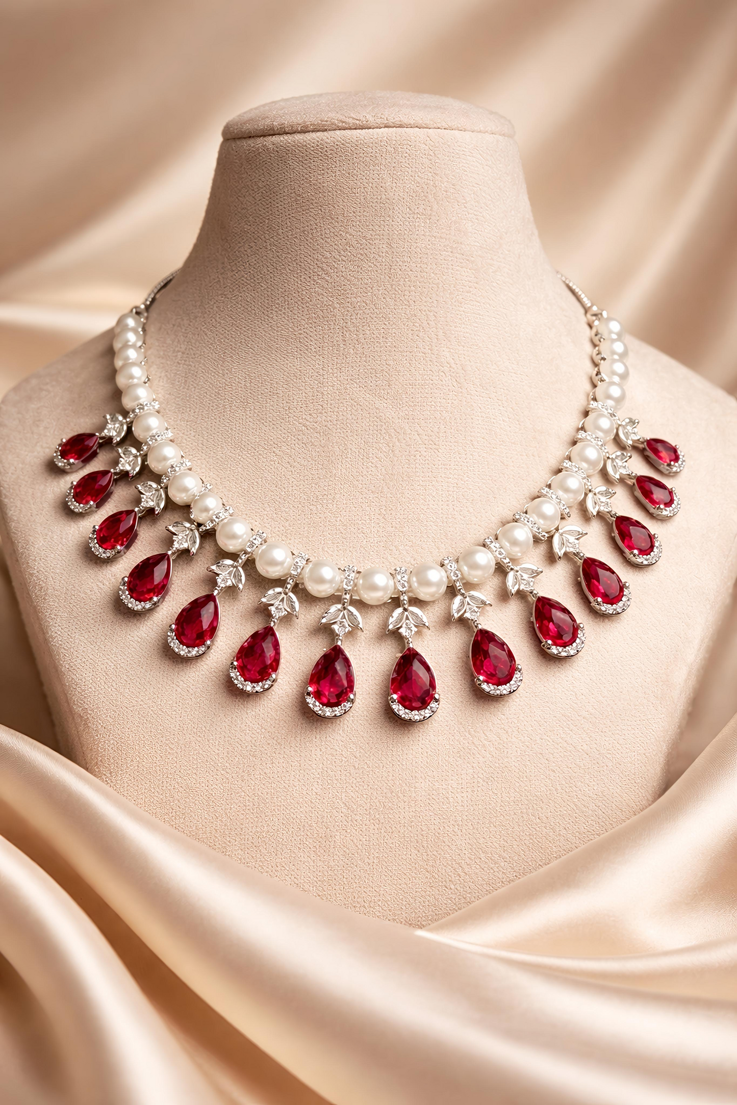 Ruby Red Pearl & American Diamond Necklace Set (MAN05)