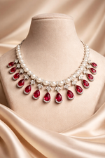 Ruby Red Pearl & American Diamond Necklace Set (MAN05)