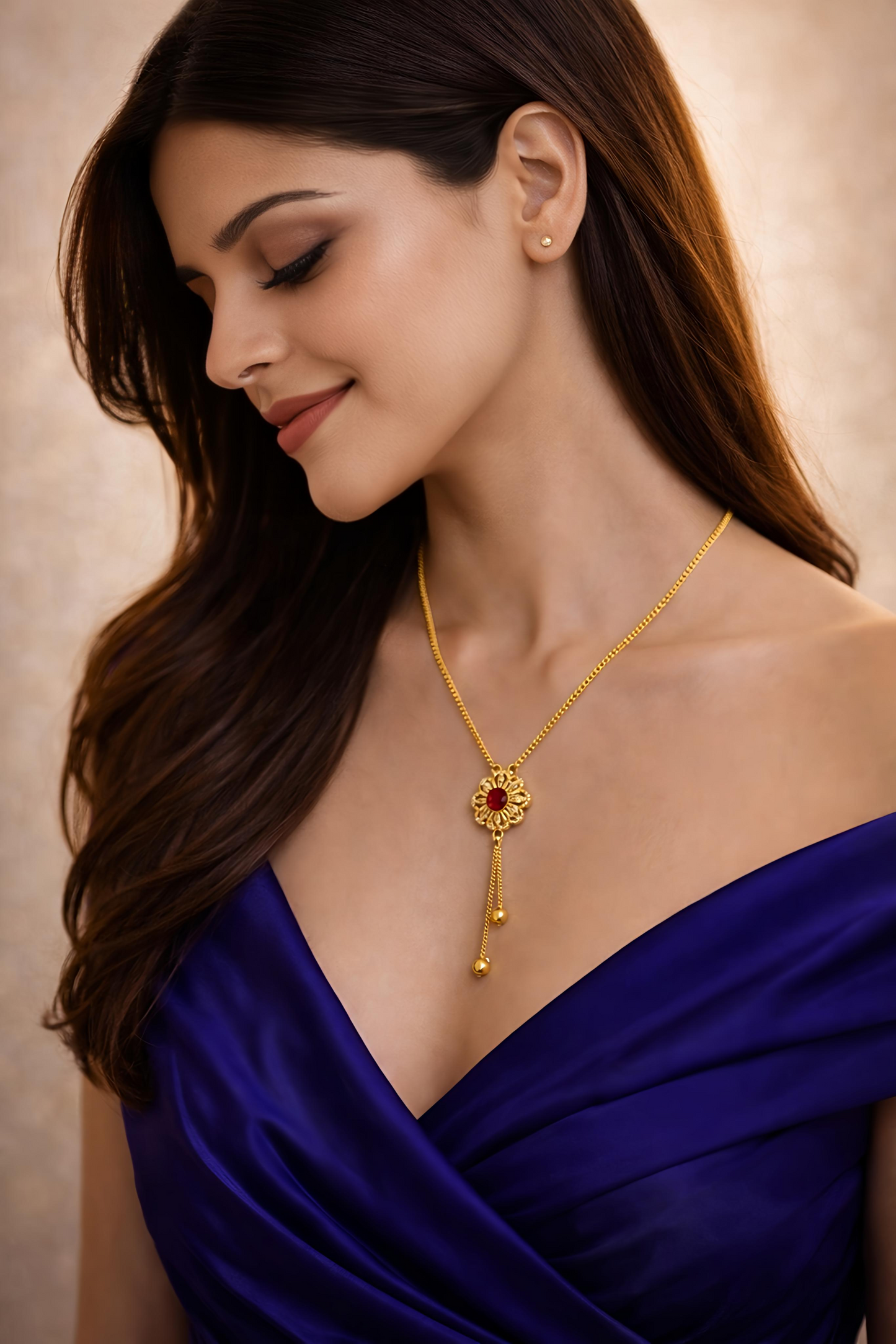 Elegant Gold Plated Floral Tassel Pendant Necklace (WPS9)