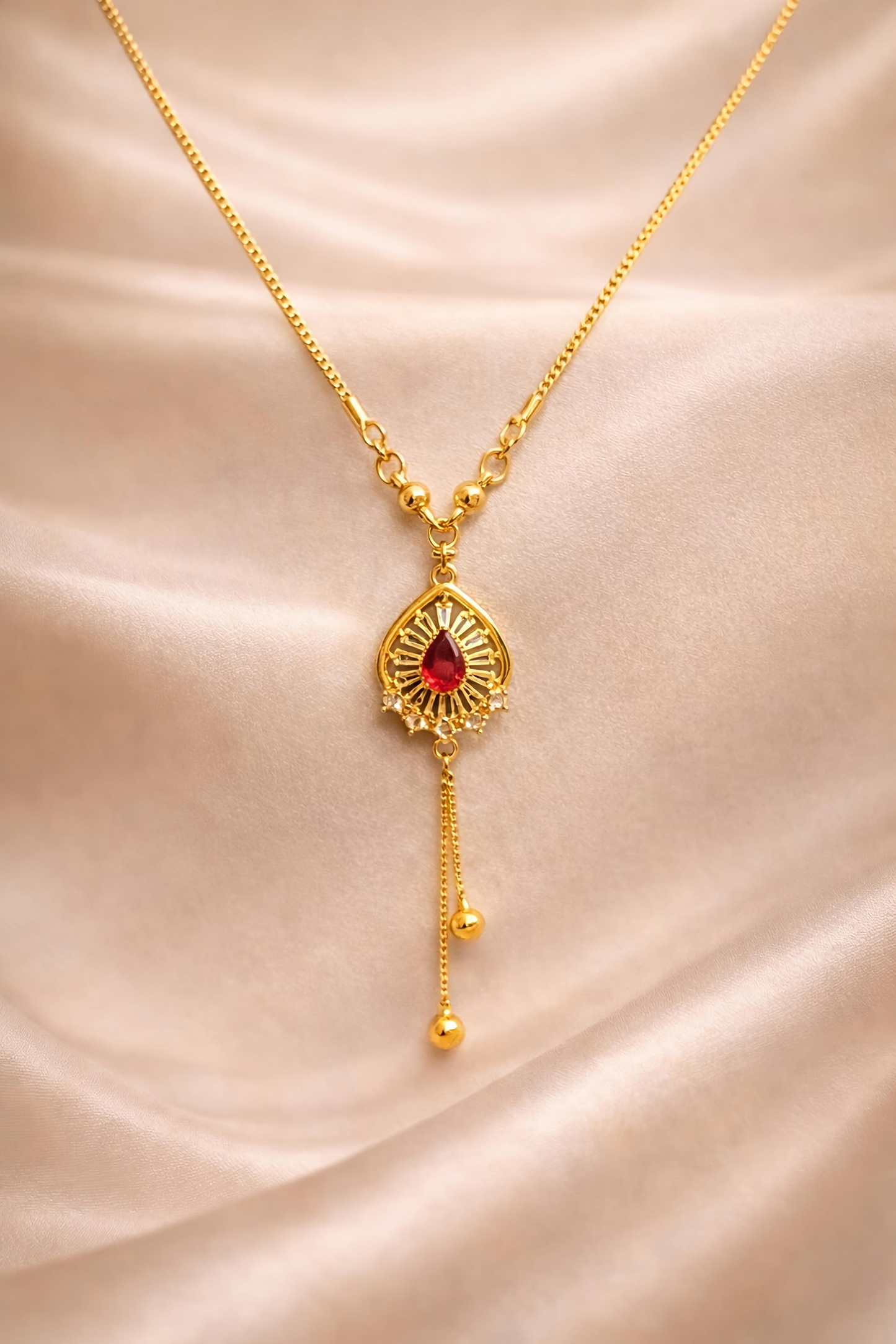Elegant Gold Plated Ruby Drop Pendant Necklace (WPS1)