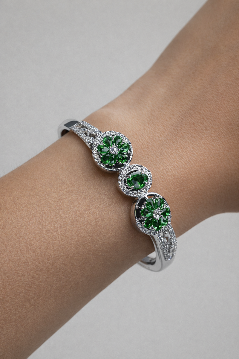 Elegant Green Floral Stone Open Cuff Bracelet (BAR7)
