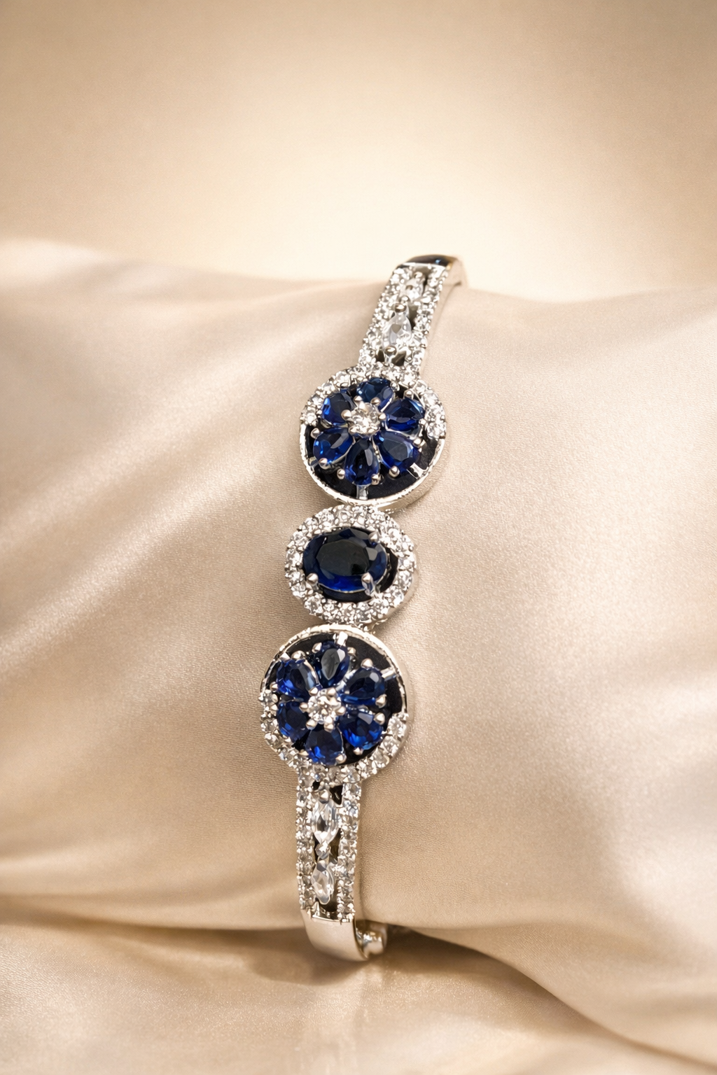 Royal Blue Floral Stone Open Cuff Bracelet for Women (BAR8)
