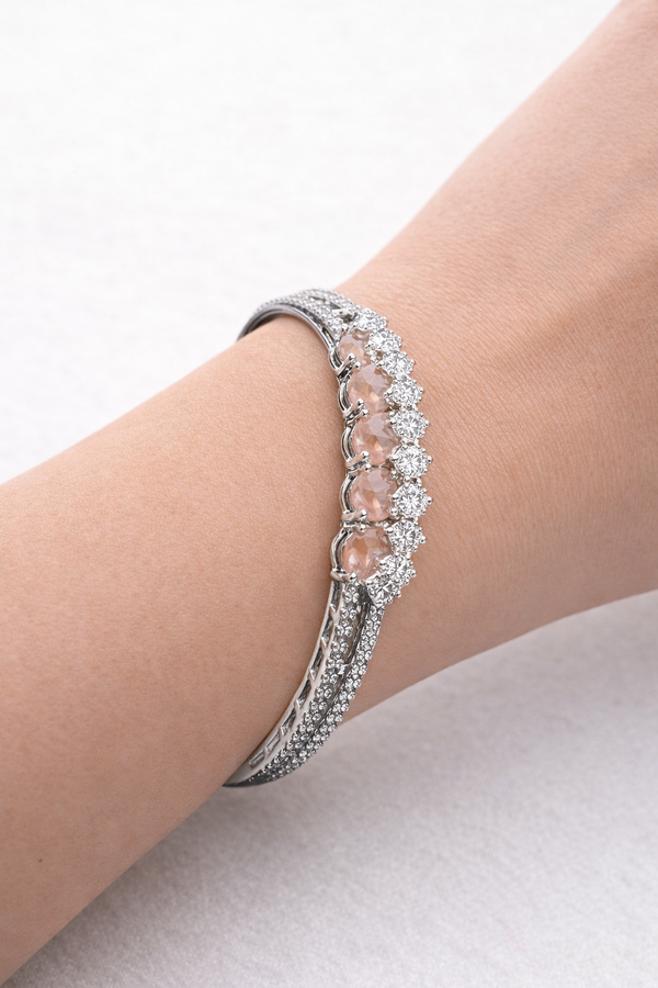 Blush Pink Stone Diamond-Style Silver Bracelet (BAR5)