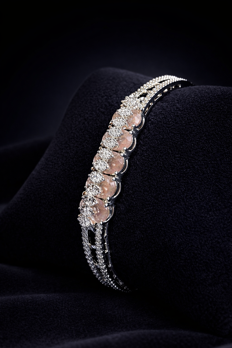 Blush Pink Stone Diamond-Style Silver Bracelet (BAR5)